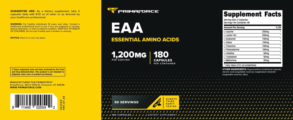 Primaforce EAA Capsules 1200mg, 180 Capsules, 90 Servings - Essential Amino Acids - Non-GMO, Gluten Free & Vegitarian Friendly - TrustMedUSA