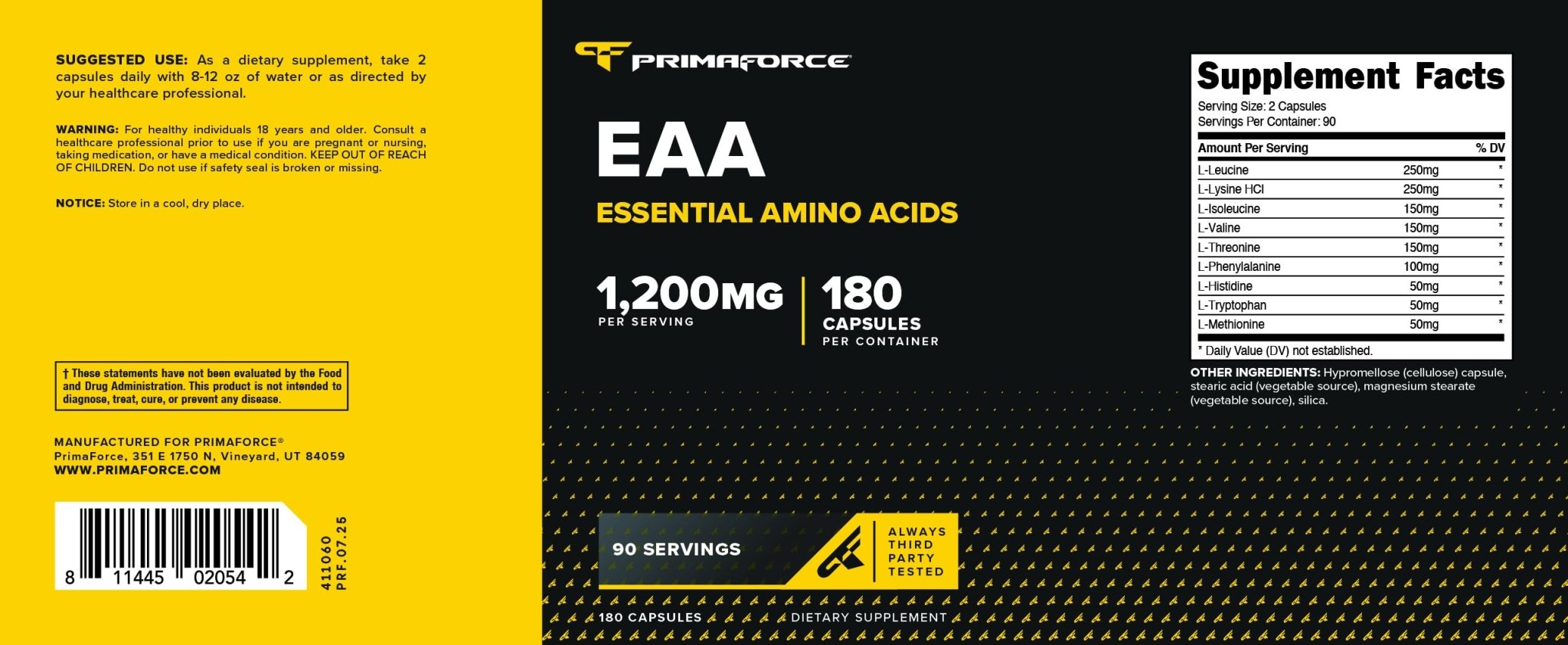 Primaforce EAA Capsules 1200mg, 180 Capsules, 90 Servings - Essential Amino Acids - Non-GMO, Gluten Free & Vegitarian Friendly - TrustMedUSA