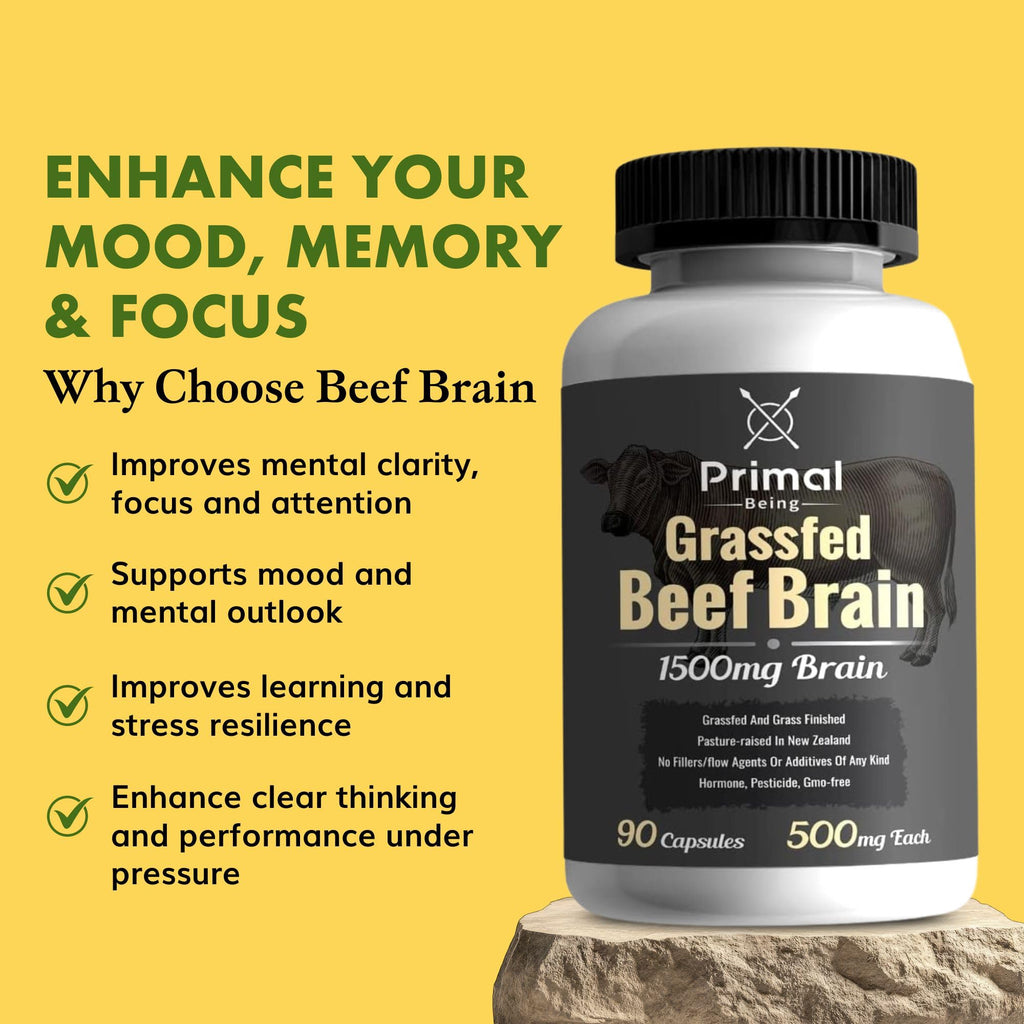 Primal Being Grassfed Beef Brain, Supports Memory, Mood, Focus, Energy, Cognitive Health - 90 Capsules, 1500mg per Serving - TrustMedUSA
