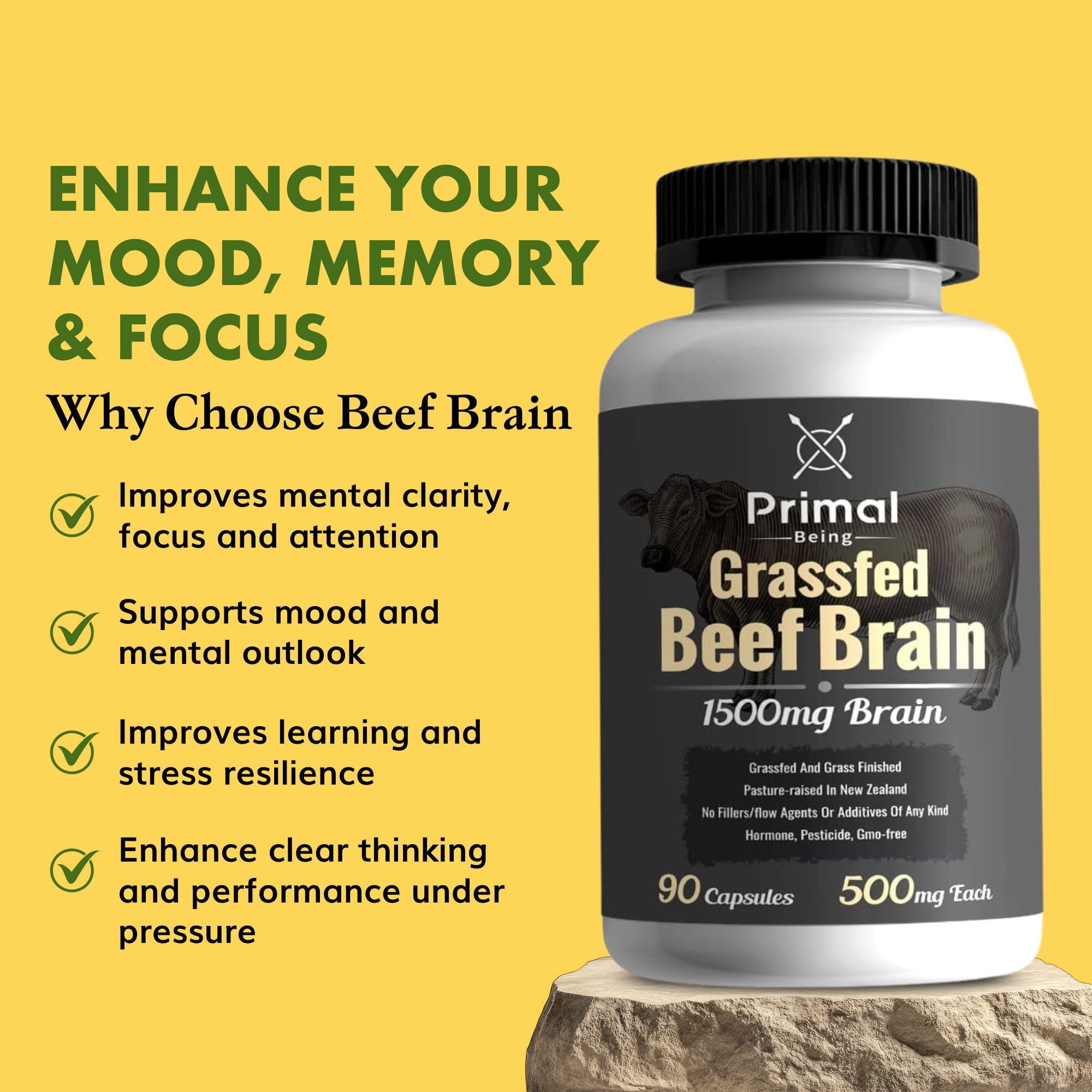 Primal Being Grassfed Beef Brain, Supports Memory, Mood, Focus, Energy, Cognitive Health - 90 Capsules, 1500mg per Serving - TrustMedUSA
