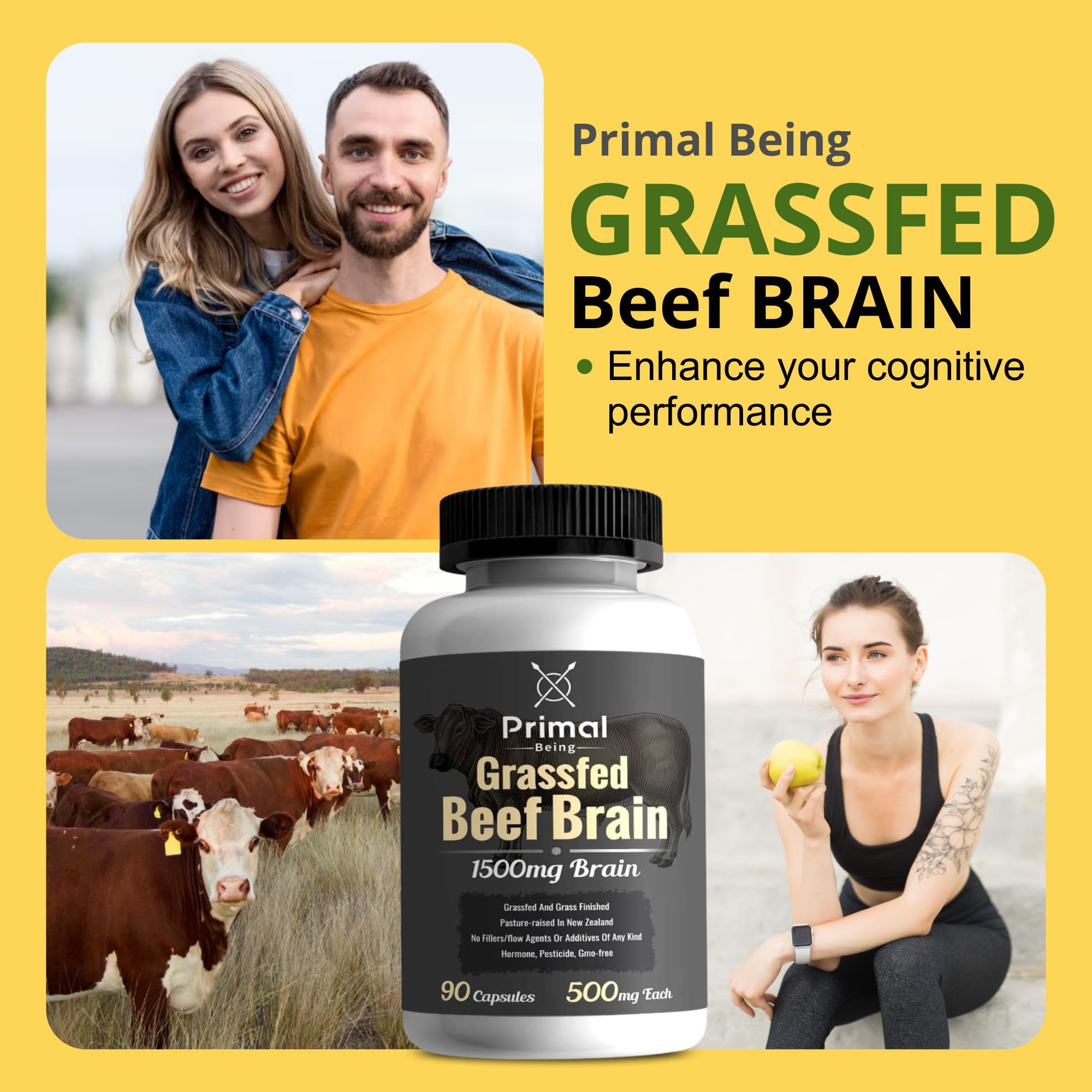Primal Being Grassfed Beef Brain, Supports Memory, Mood, Focus, Energy, Cognitive Health - 90 Capsules, 1500mg per Serving - TrustMedUSA
