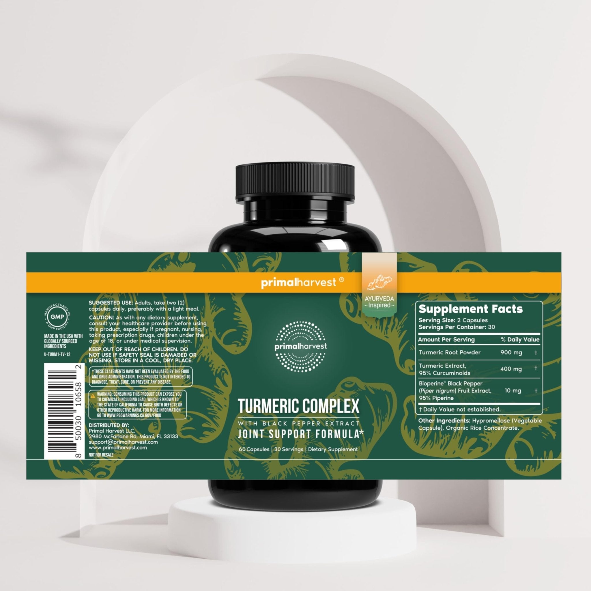 Primal Harvest 1 Pack, Primal Turmeric Complex w/Black Pepper Extract, Joint and Mobility Support Turmeric Supplement for Women & Men, 60 Capsules - TrustMedUSA