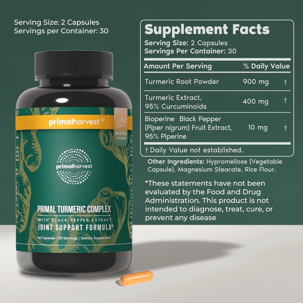 Primal Harvest 1 Pack, Primal Turmeric Complex w/Black Pepper Extract, Joint and Mobility Support Turmeric Supplement for Women & Men, 60 Capsules - TrustMedUSA