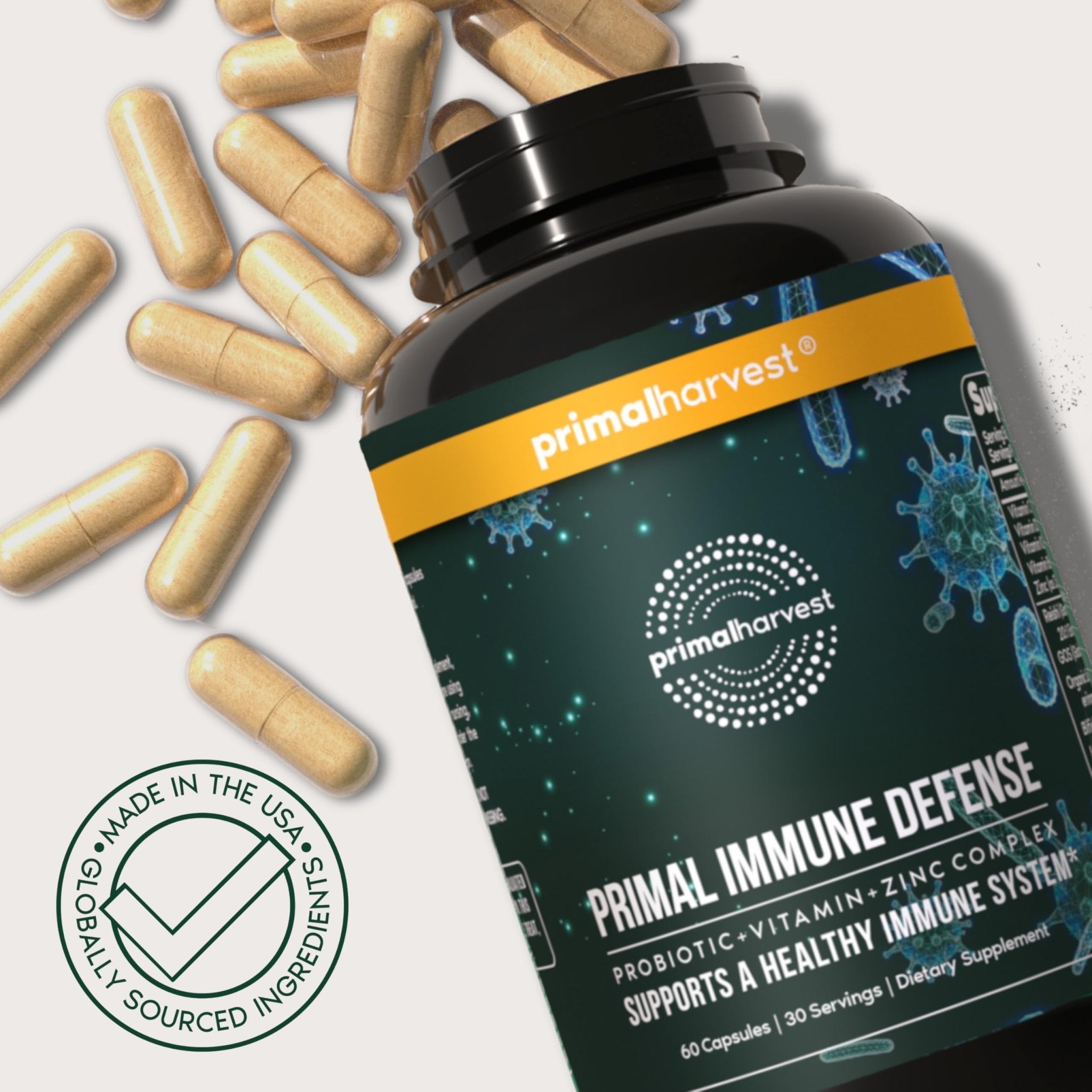 Primal Harvest Immune Defense 10-in-1 Supplement with Probiotics, Zinc, and Vitamins C, D3, K2, B6 Daily Immune Support for Adults - Maple Wellness Supplements