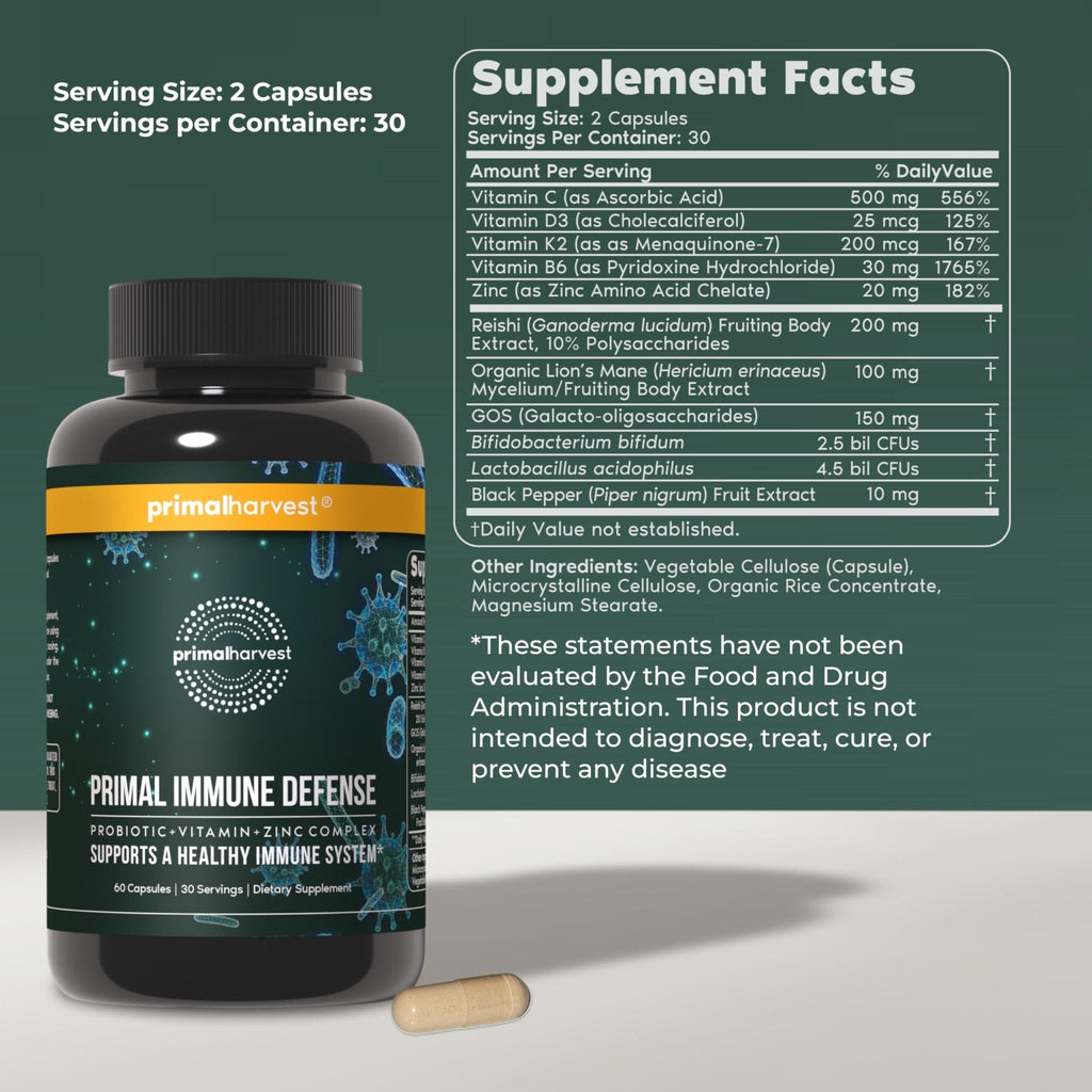 Primal Harvest Immune Defense 10-in-1 Supplement with Probiotics, Zinc, and Vitamins C, D3, K2, B6 Daily Immune Support for Adults - Maple Wellness Supplements