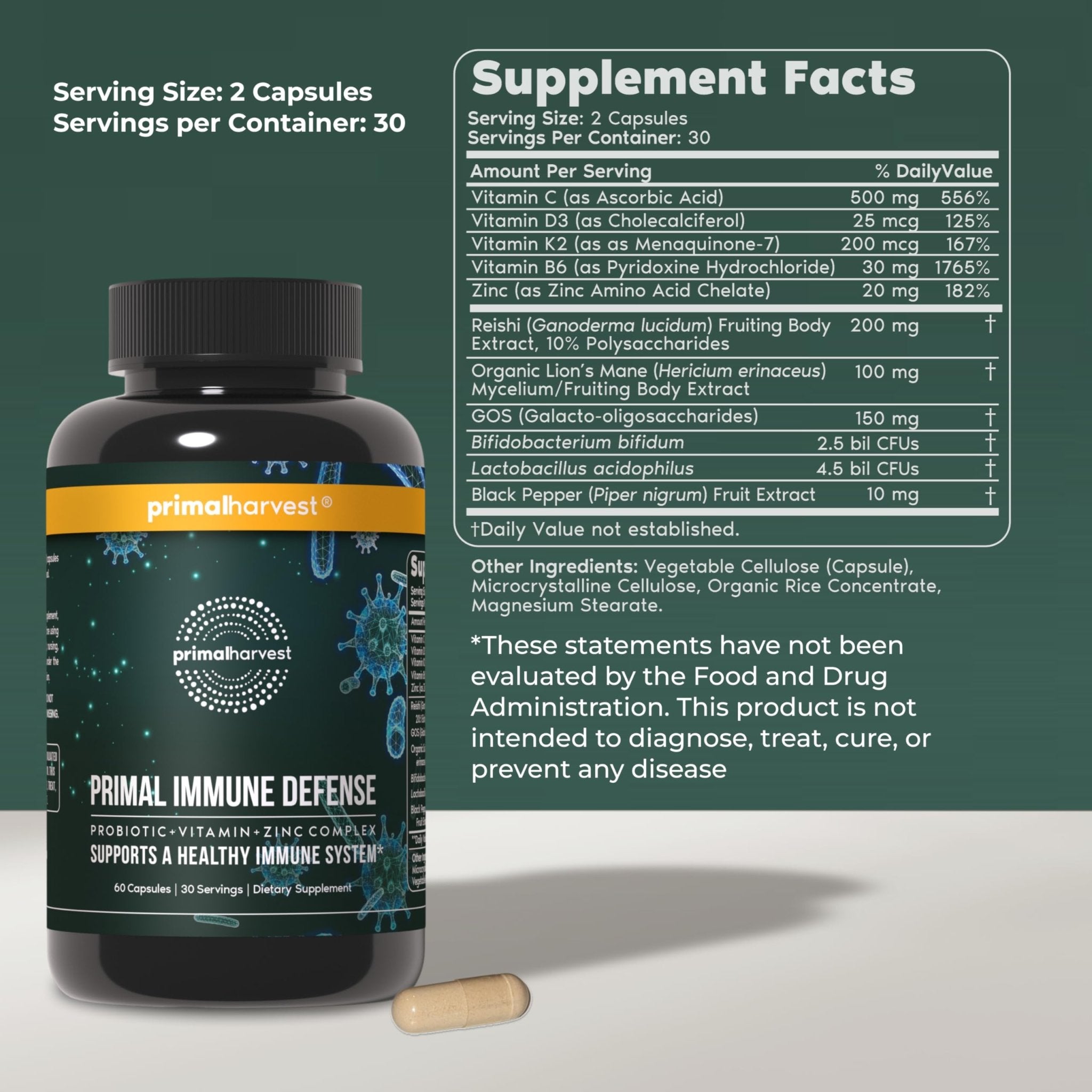 Primal Harvest Immune Defense 10-in-1 Supplement with Probiotics, Zinc, and Vitamins C, D3, K2, B6 Daily Immune Support for Adults - Maple Wellness Supplements