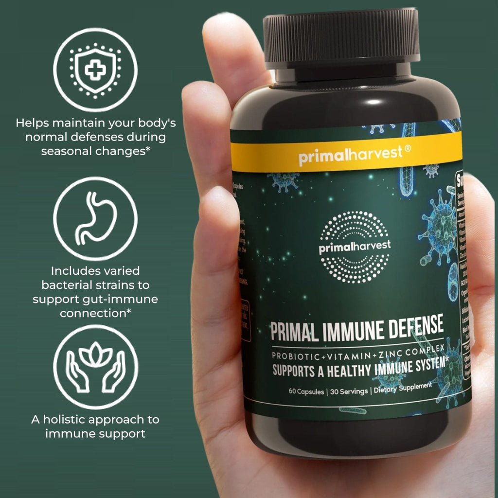 Primal Harvest Immune Defense 10-in-1 Supplement with Probiotics, Zinc, and Vitamins C, D3, K2, B6 Daily Immune Support for Adults - Maple Wellness Supplements