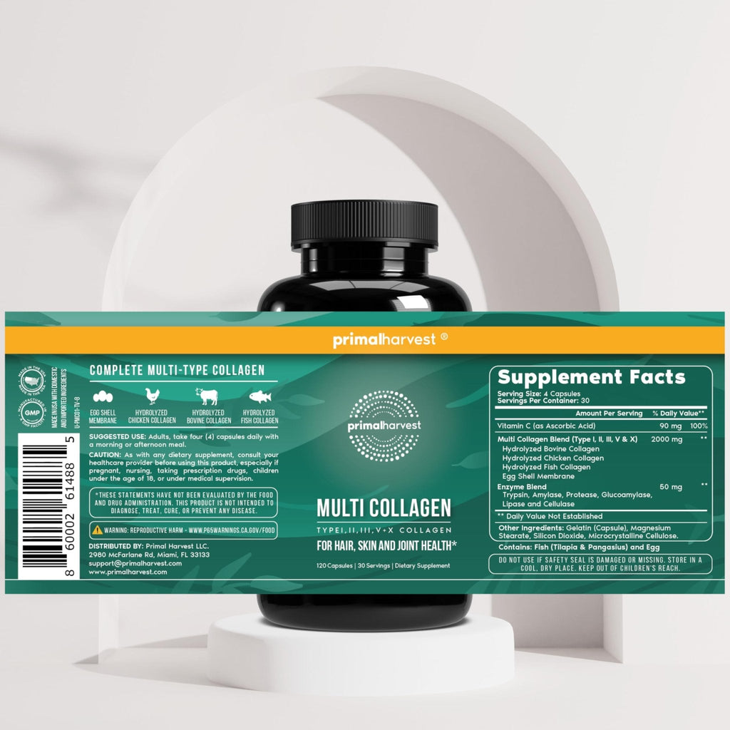 Primal Harvest Multi Collagen Pills for Women and Men (Type I, II, III, V, X) 120 Capsules w/Vitamin C for Hair, Skin, Nails - Maple Wellness Supplements
