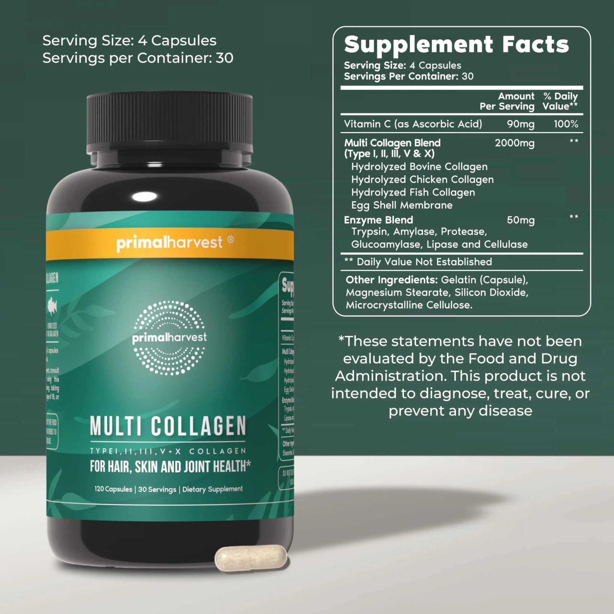 Primal Harvest Multi Collagen Pills for Women and Men (Type I, II, III, V, X) 120 Capsules w/Vitamin C for Hair, Skin, Nails - TrustMedUSA