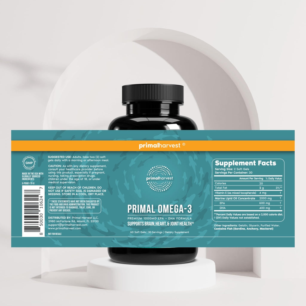 Primal Harvest Omega 3 Fish Oil Supplements, 30 Servings Soft Gels Capsules w/ 1000mg EPA + DHA Supplements - TrustMedUSA