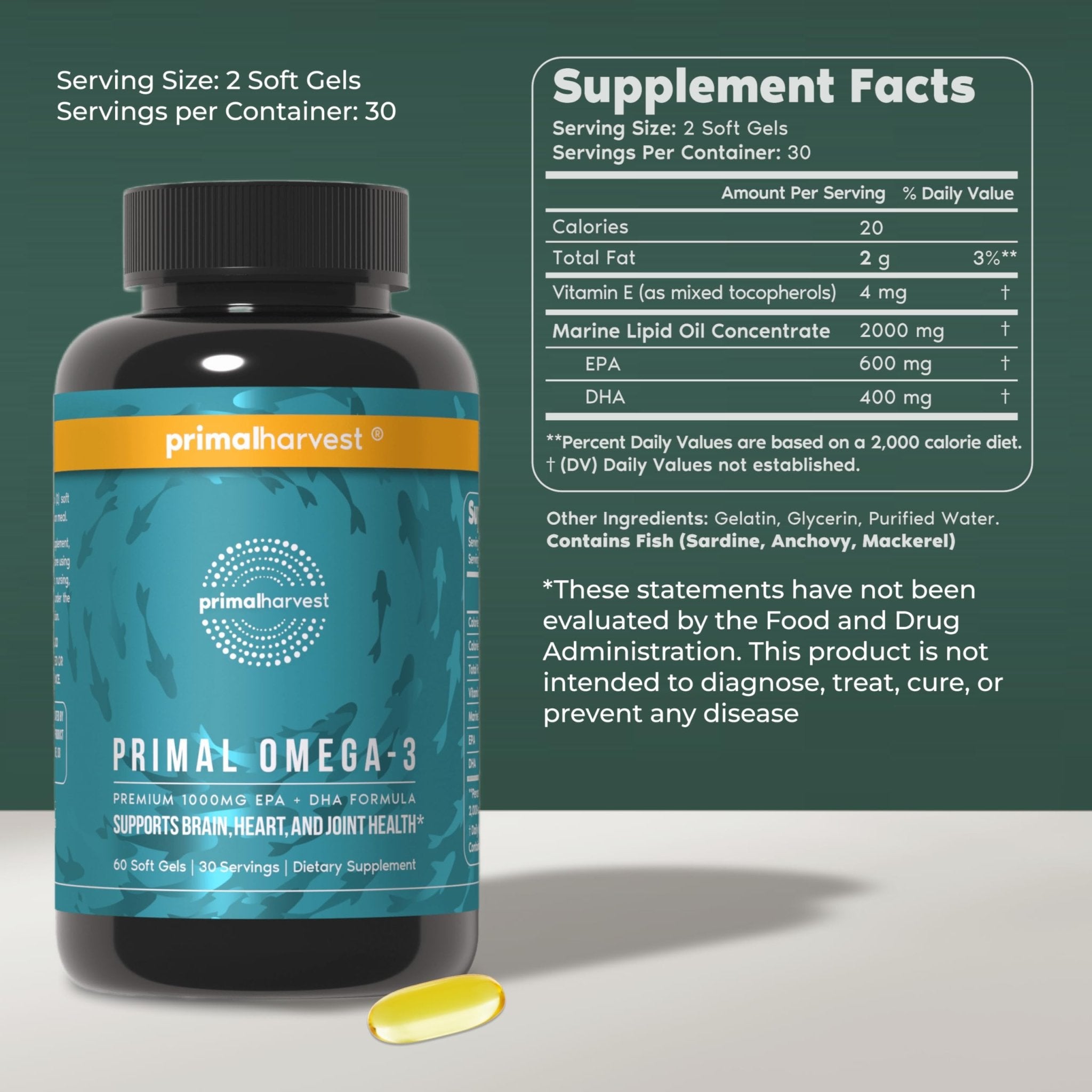 Primal Harvest Omega 3 Fish Oil Supplements, 30 Servings Soft Gels Capsules w/ 1000mg EPA + DHA Supplements - TrustMedUSA