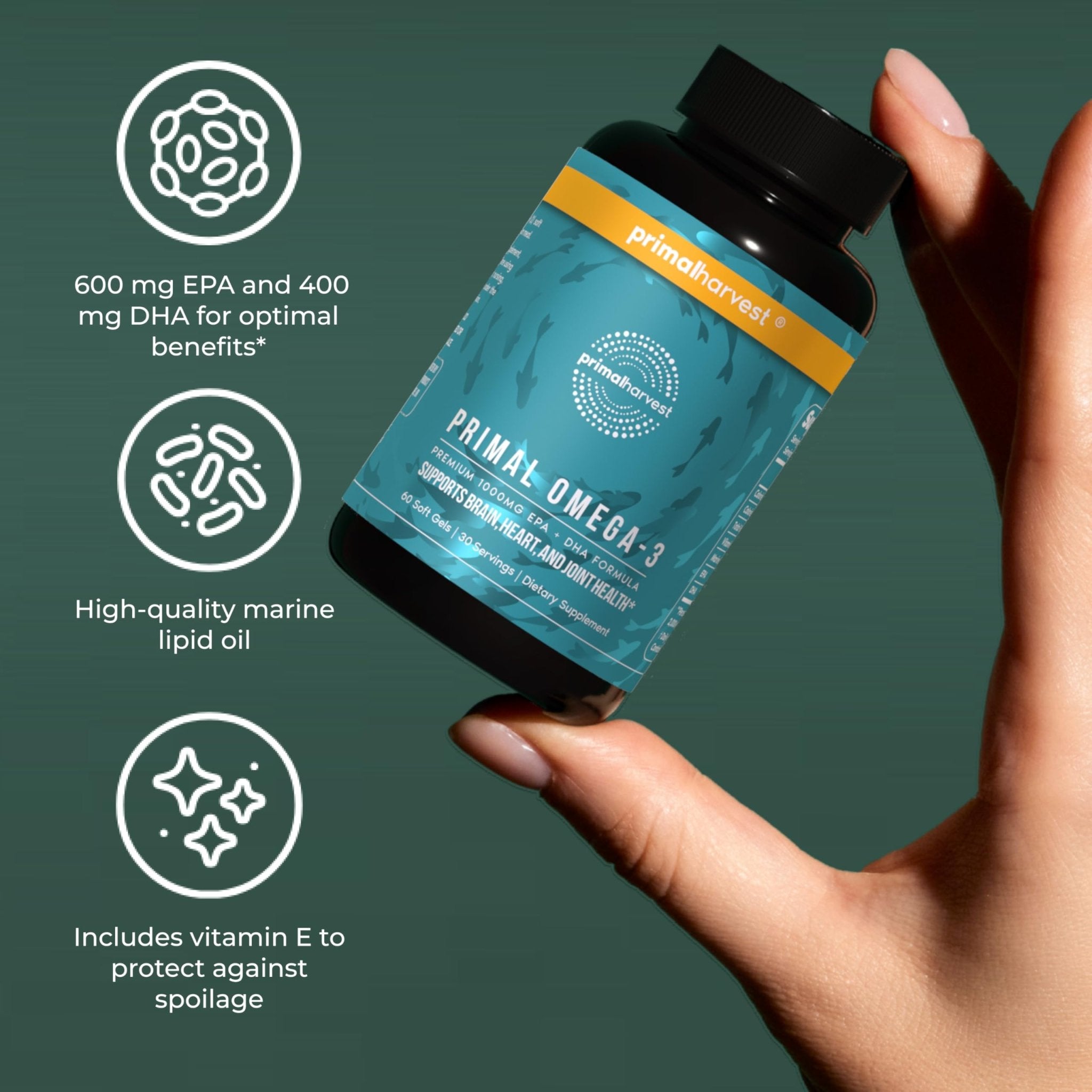 Primal Harvest Omega 3 Fish Oil Supplements, 30 Servings Soft Gels Capsules w/ 1000mg EPA + DHA Supplements - TrustMedUSA