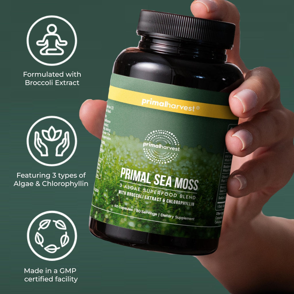 Primal Harvest Sea Moss Capsules with Bladderwack and Irish Sea Moss, Chlorella, Broccoli Seed Extract Plant-Based Supplements for Adults - TrustMedUSA