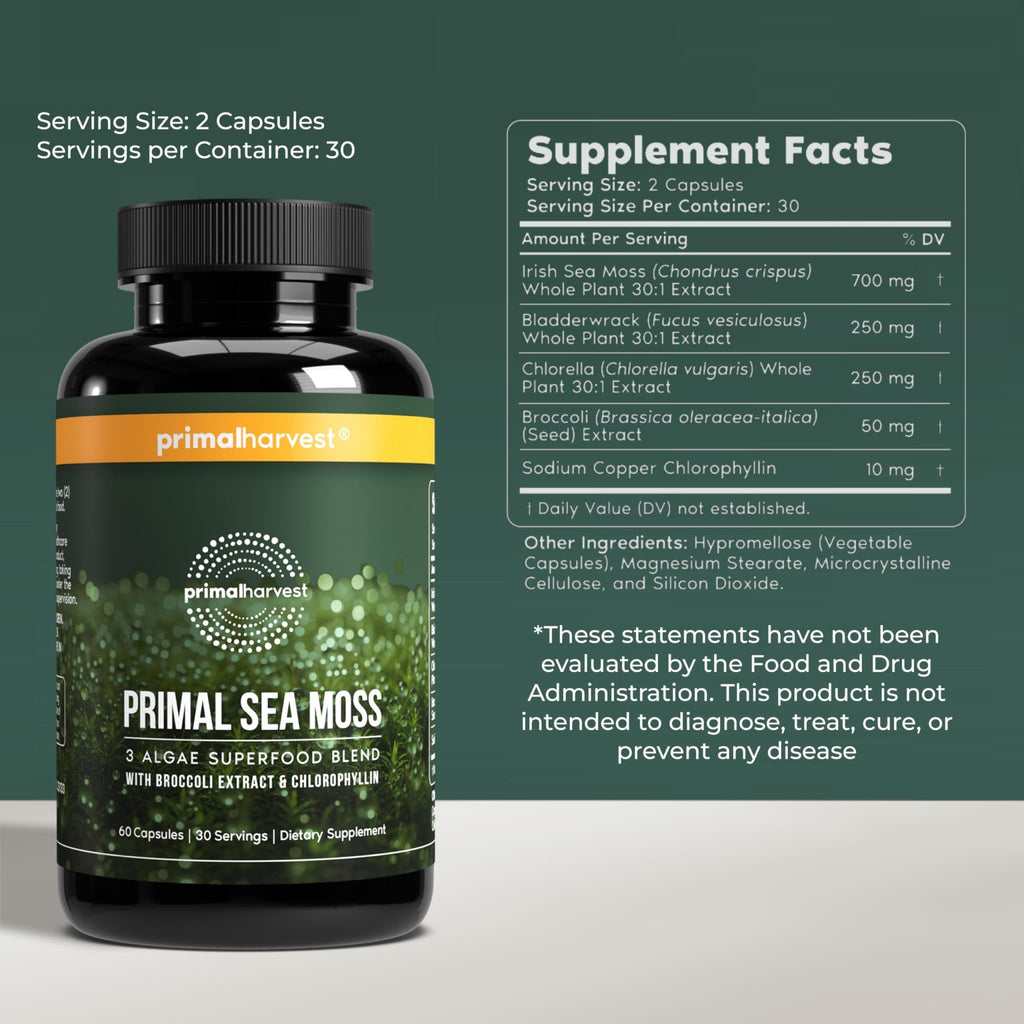 Primal Harvest Sea Moss Capsules with Bladderwack and Irish Sea Moss, Chlorella, Broccoli Seed Extract Plant-Based Supplements for Adults - TrustMedUSA