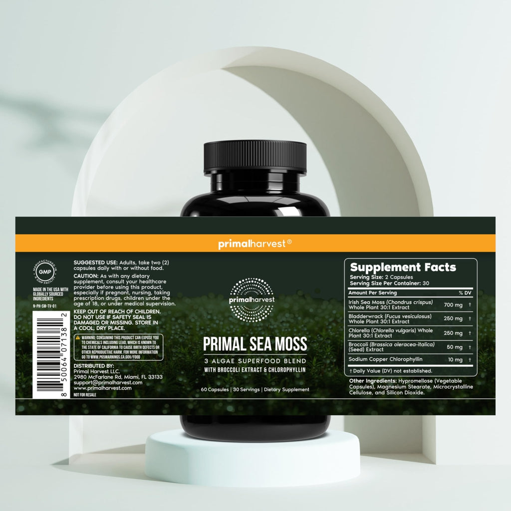 Primal Harvest Sea Moss Capsules with Bladderwack and Irish Sea Moss, Chlorella, Broccoli Seed Extract Plant-Based Supplements for Adults - TrustMedUSA