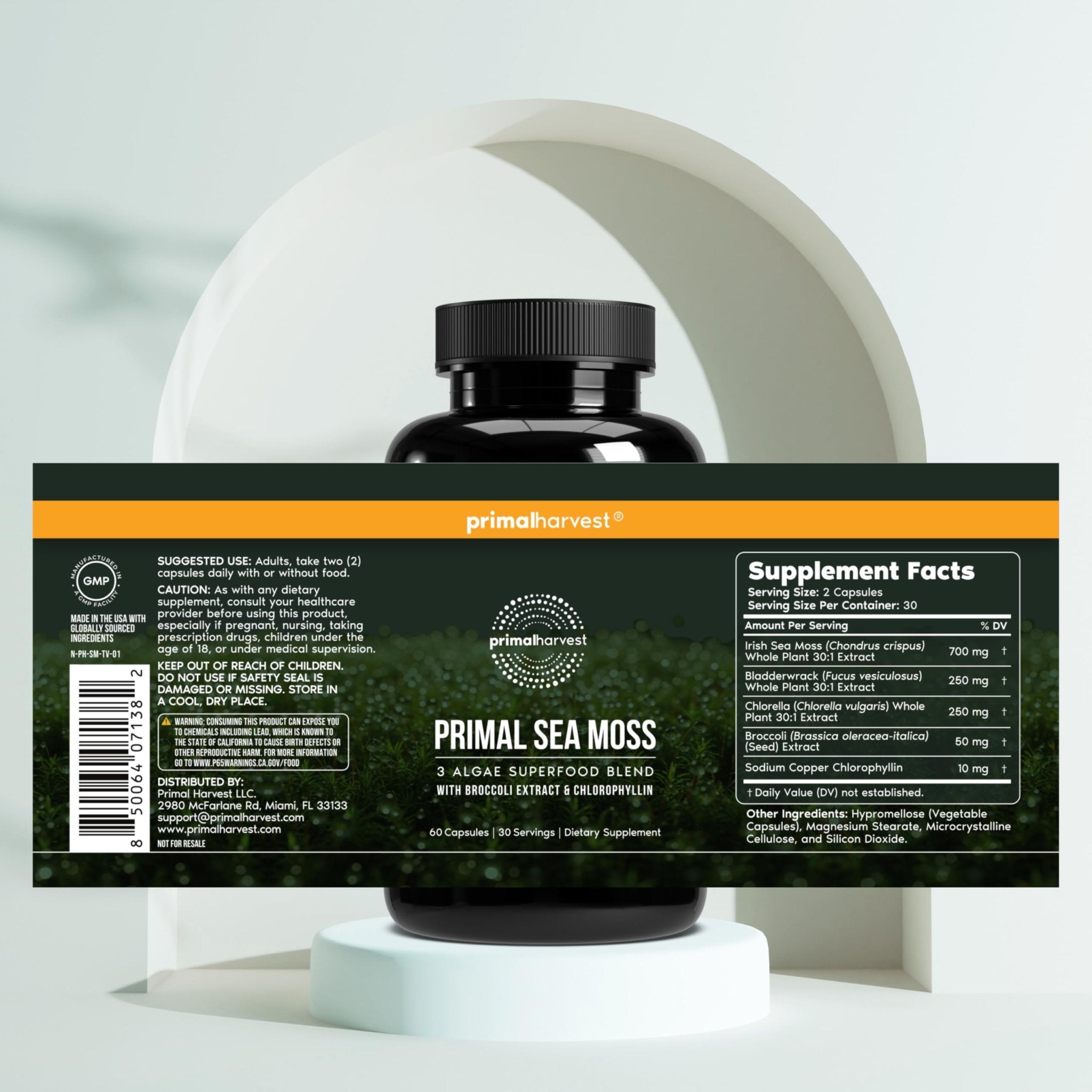Primal Harvest Sea Moss Capsules with Bladderwack and Irish Sea Moss, Chlorella, Broccoli Seed Extract Plant-Based Supplements for Adults - TrustMedUSA