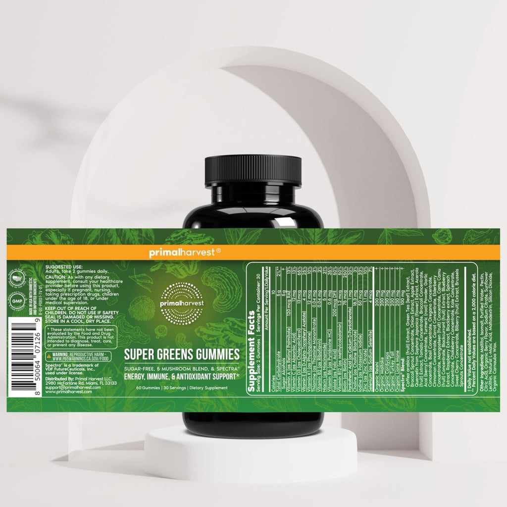 Primal Harvest Super Greens Gummies, Superfood Blend with Adaptogenic Mushrooms Vitamins & Nutrient-Rich Minerals & Antioxidants for Energy & Immune Support 1 Pack 60 Count, - TrustMedUSA