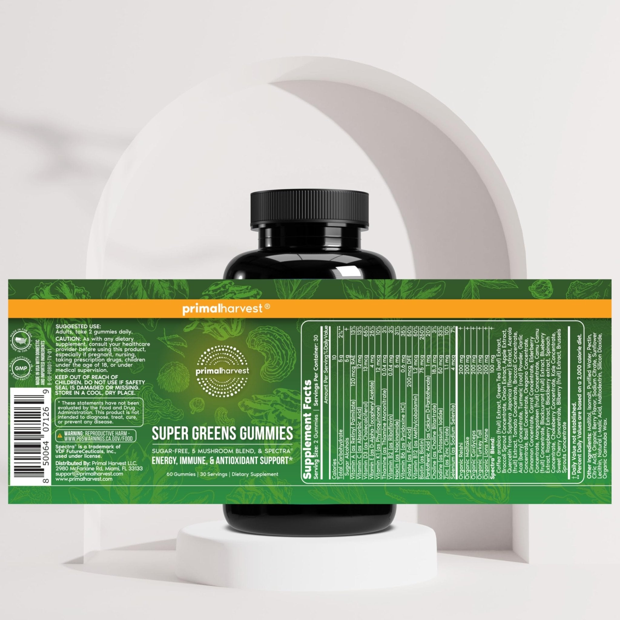 Primal Harvest Super Greens Gummies, Superfood Blend with Adaptogenic Mushrooms Vitamins & Nutrient-Rich Minerals & Antioxidants for Energy & Immune Support 1 Pack 60 Count, - TrustMedUSA