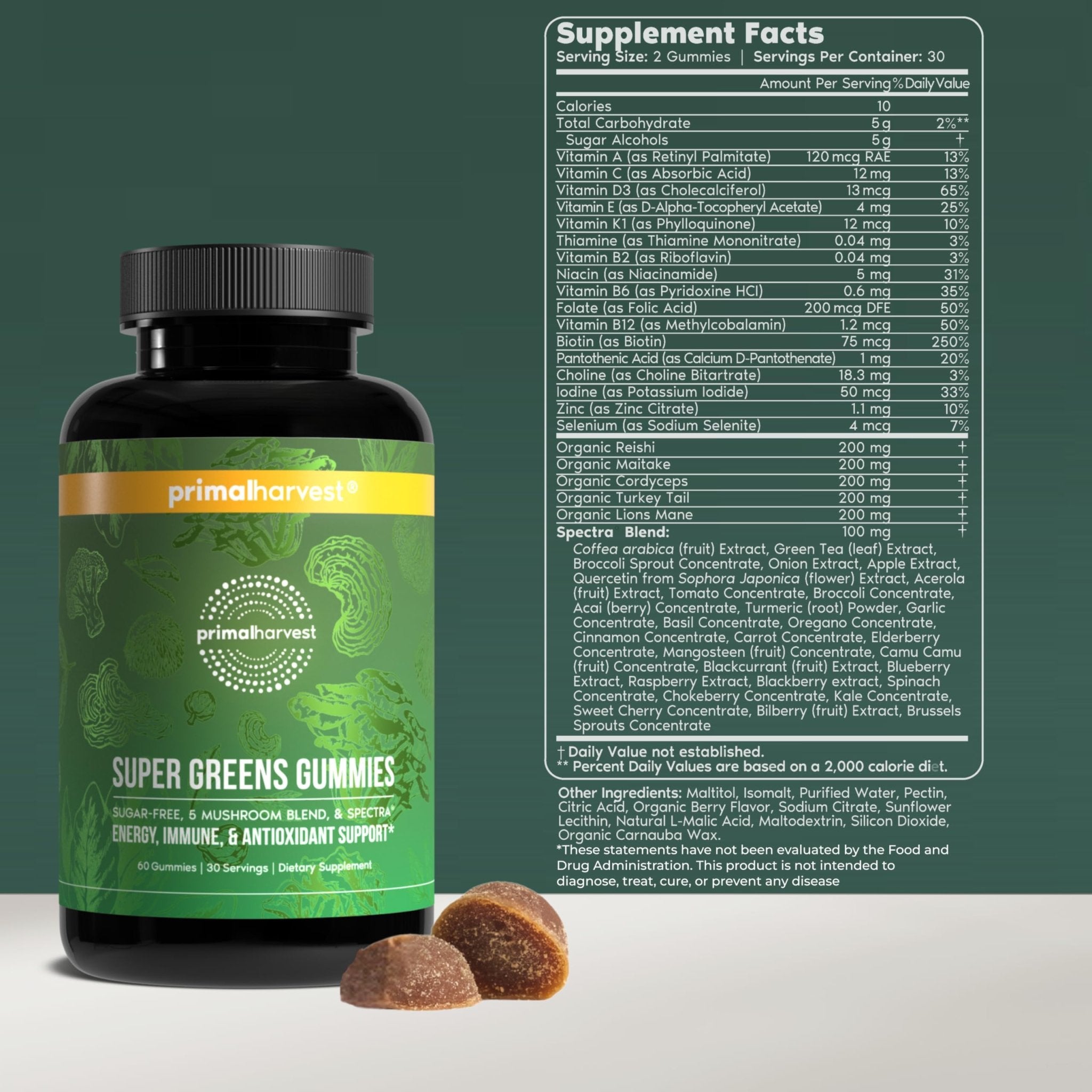 Primal Harvest Super Greens Gummies, Superfood Blend with Adaptogenic Mushrooms Vitamins & Nutrient-Rich Minerals & Antioxidants for Energy & Immune Support 1 Pack 60 Count, - TrustMedUSA