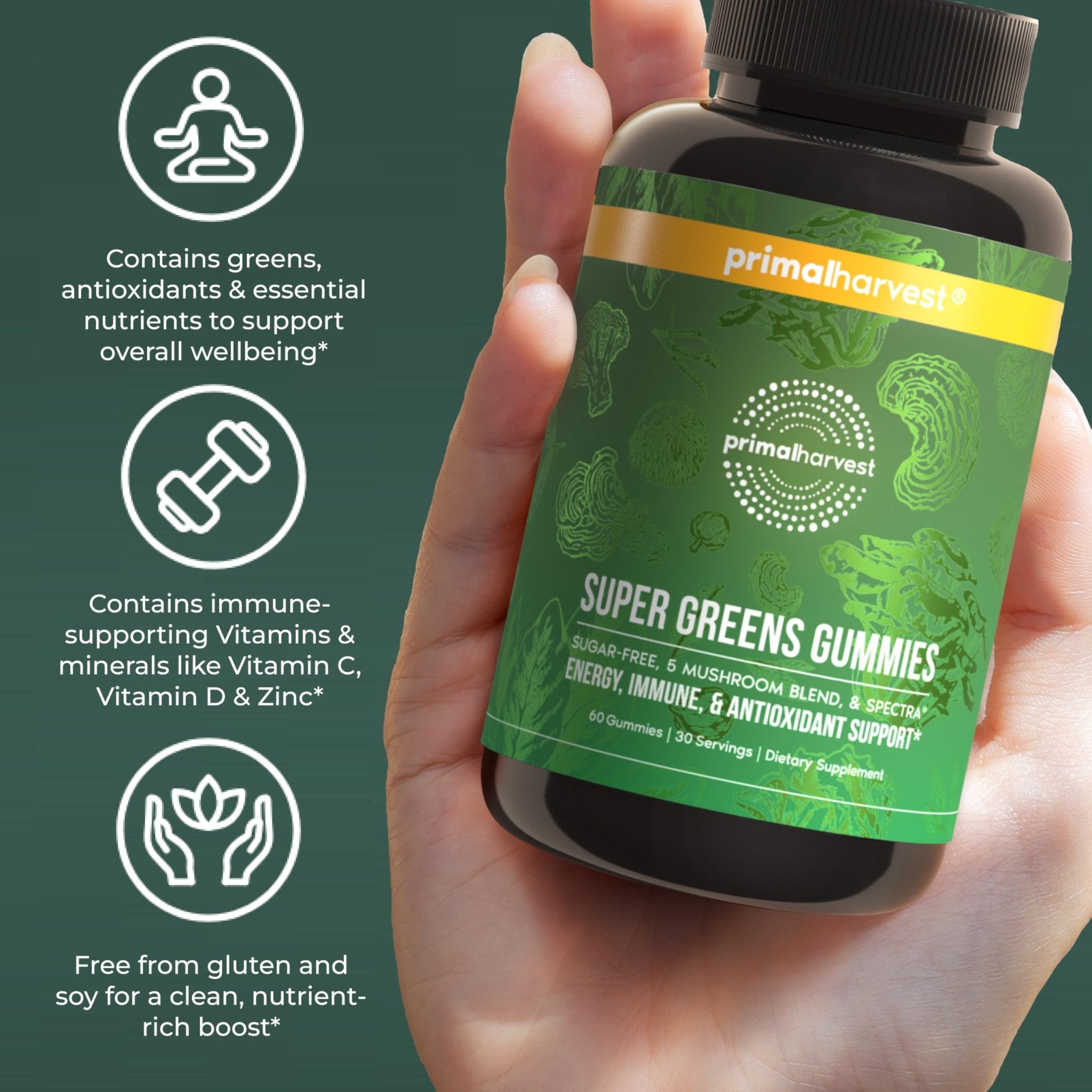 Primal Harvest Super Greens Gummies, Superfood Blend with Adaptogenic Mushrooms Vitamins & Nutrient-Rich Minerals & Antioxidants for Energy & Immune Support 1 Pack 60 Count, - TrustMedUSA