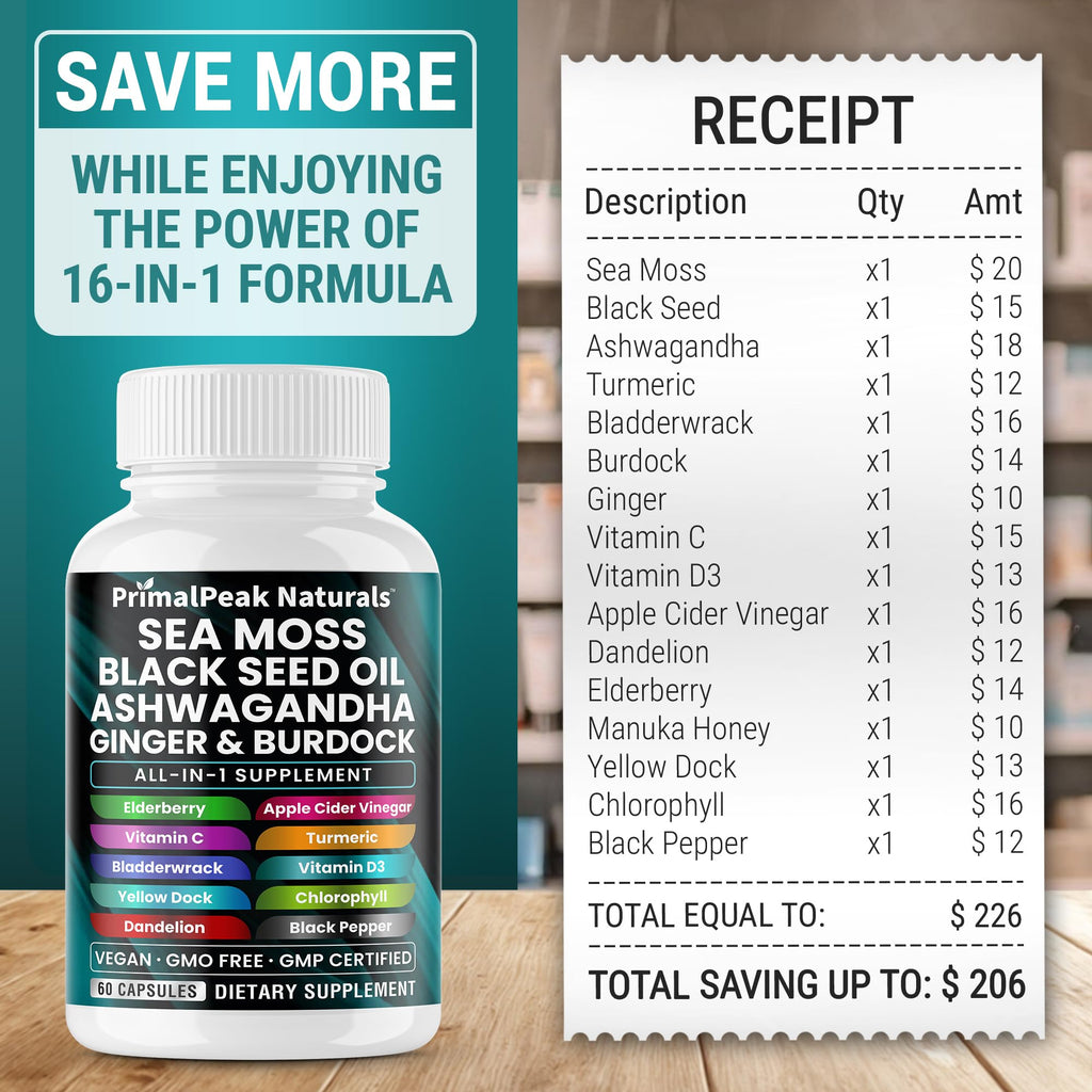 PrimalPeak Naturals Sea Moss Black Seed Oil Ashwagandha Ginger Burdock Bladderwrack Turmeric & Vitamin C Vitamin D3 with ACV Elderberry Chlorophyll Dandelion Yellow Dock Vegan Capsules - 60 Count - TrustMedUSA