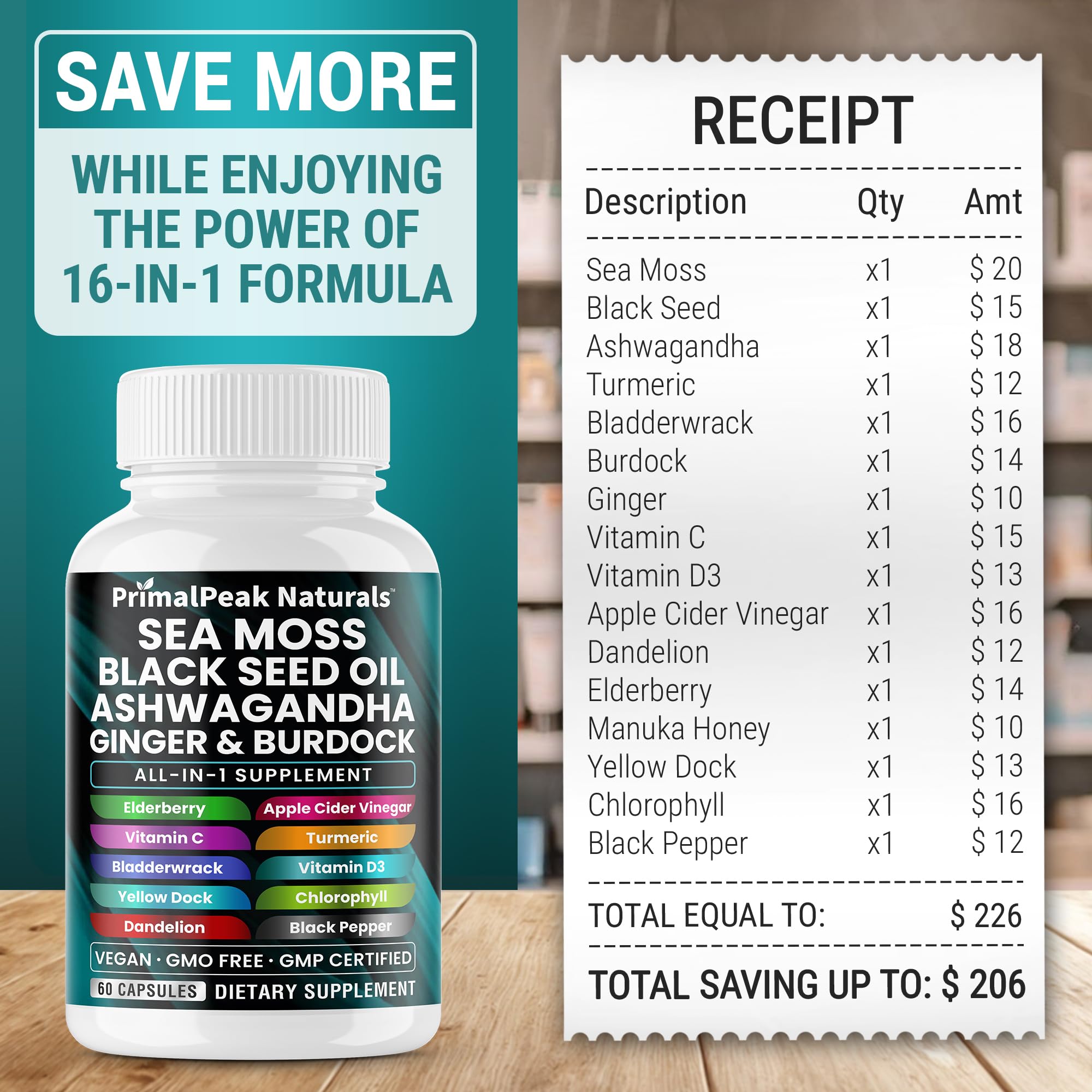 PrimalPeak Naturals Sea Moss Black Seed Oil Ashwagandha Ginger Burdock Bladderwrack Turmeric & Vitamin C Vitamin D3 with ACV Elderberry Chlorophyll Dandelion Yellow Dock Vegan Capsules - 60 Count - TrustMedUSA