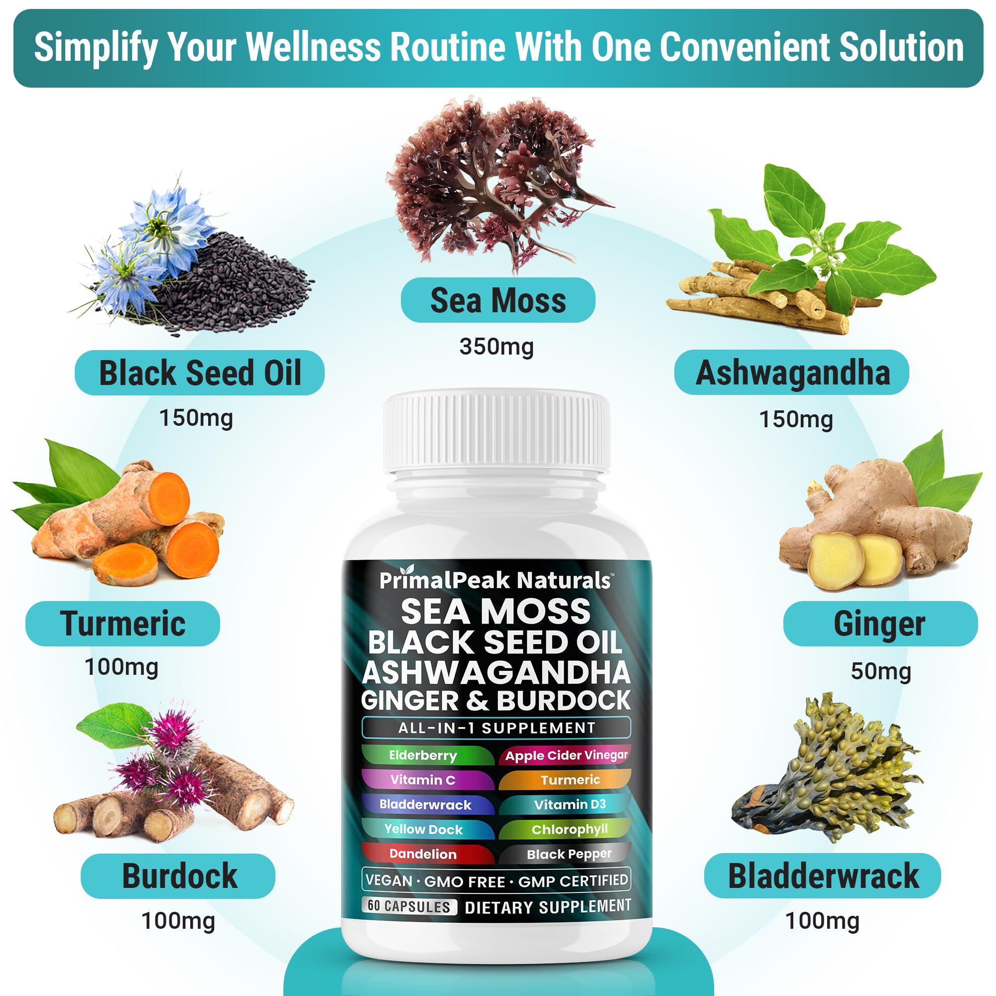 PrimalPeak Naturals Sea Moss Black Seed Oil Ashwagandha Ginger Burdock Bladderwrack Turmeric & Vitamin C Vitamin D3 with ACV Elderberry Chlorophyll Dandelion Yellow Dock Vegan Capsules - 60 Count - TrustMedUSA