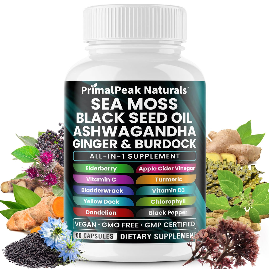 PrimalPeak Naturals Sea Moss Black Seed Oil Ashwagandha Ginger Burdock Bladderwrack Turmeric & Vitamin C Vitamin D3 with ACV Elderberry Chlorophyll Dandelion Yellow Dock Vegan Capsules - 60 Count - TrustMedUSA