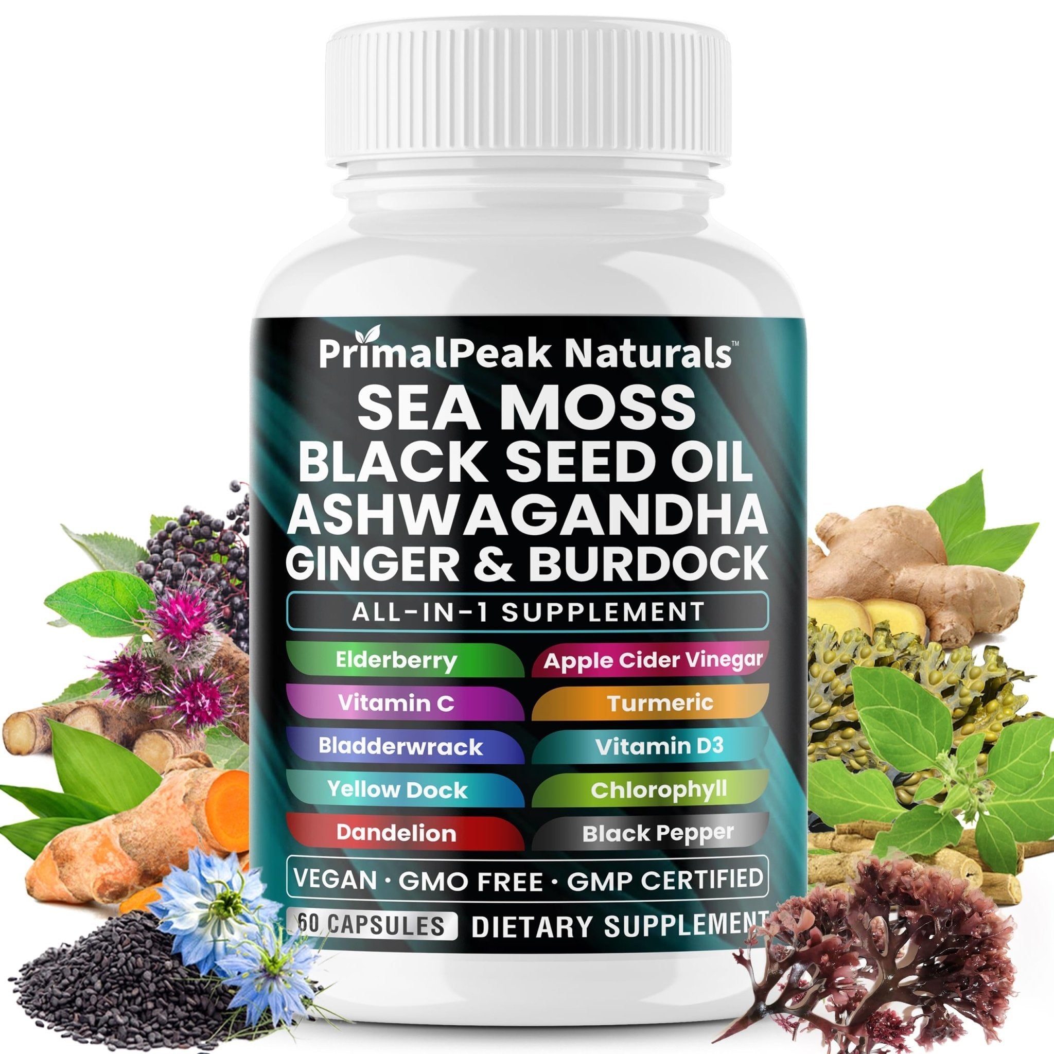 PrimalPeak Naturals Sea Moss Black Seed Oil Ashwagandha Ginger Burdock Bladderwrack Turmeric & Vitamin C Vitamin D3 with ACV Elderberry Chlorophyll Dandelion Yellow Dock Vegan Capsules - 60 Count - TrustMedUSA
