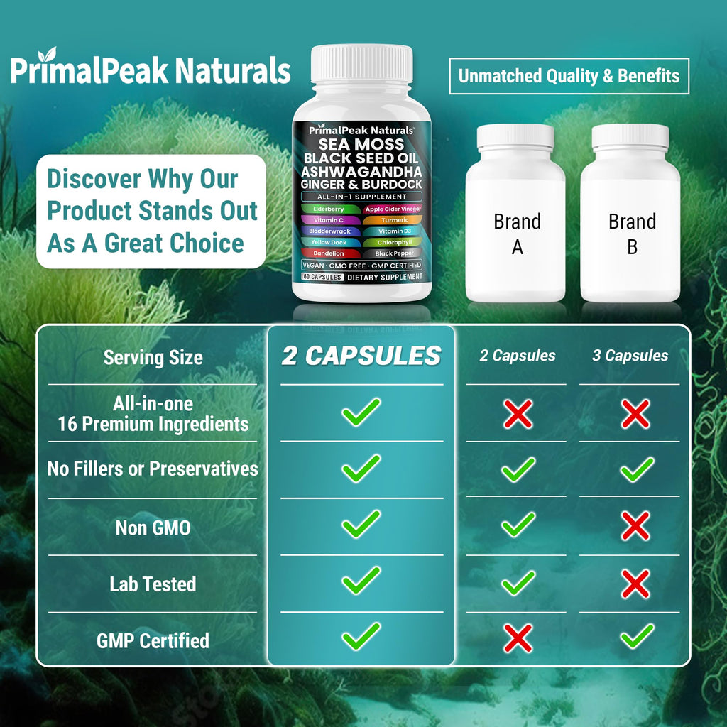 PrimalPeak Naturals Sea Moss Black Seed Oil Ashwagandha Ginger Burdock Bladderwrack Turmeric & Vitamin C Vitamin D3 with ACV Elderberry Chlorophyll Dandelion Yellow Dock Vegan Capsules - 60 Count - TrustMedUSA