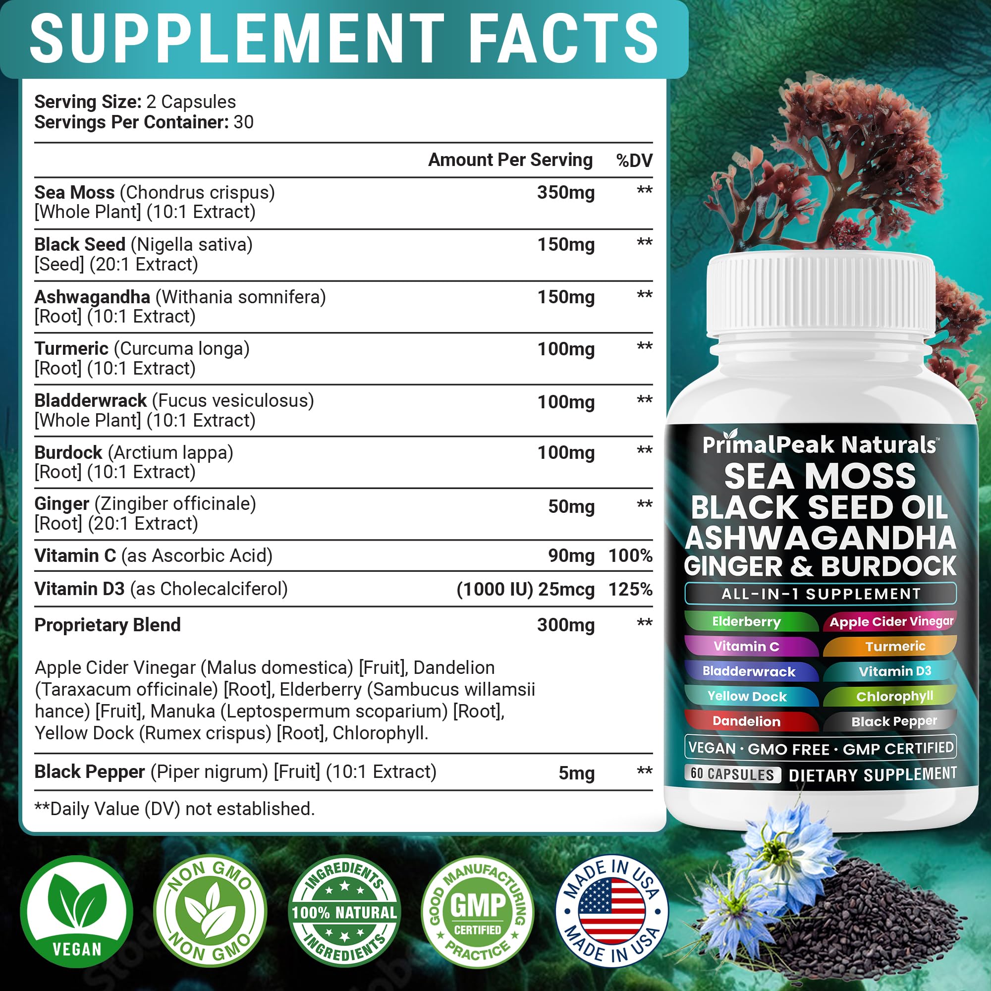 PrimalPeak Naturals Sea Moss Black Seed Oil Ashwagandha Ginger Burdock Bladderwrack Turmeric & Vitamin C Vitamin D3 with ACV Elderberry Chlorophyll Dandelion Yellow Dock Vegan Capsules - 60 Count - TrustMedUSA