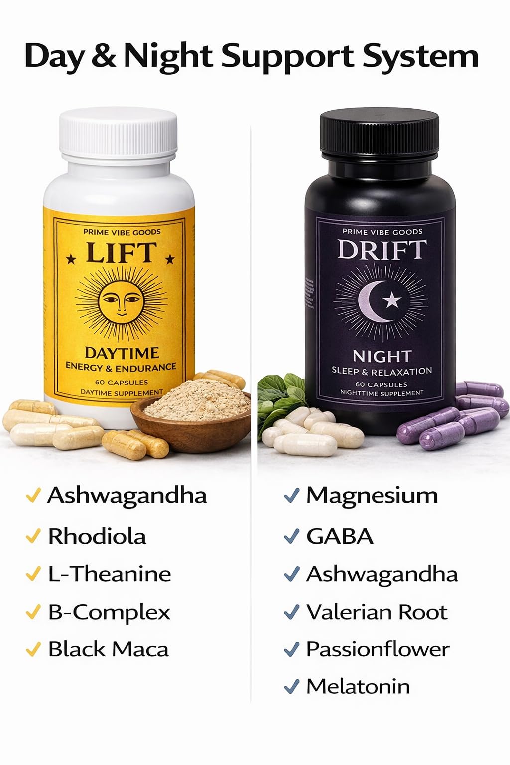 Prime Vibe Goods Lift & Drift – Energy & Stress Support Supplement – Adaptogens for Focus, Relaxation & Sleep – Ashwagandha, Magnesium, Rhodiola, GABA, Maca – Vegan (2-Pack, 120 Capsules) - TrustMedUSA