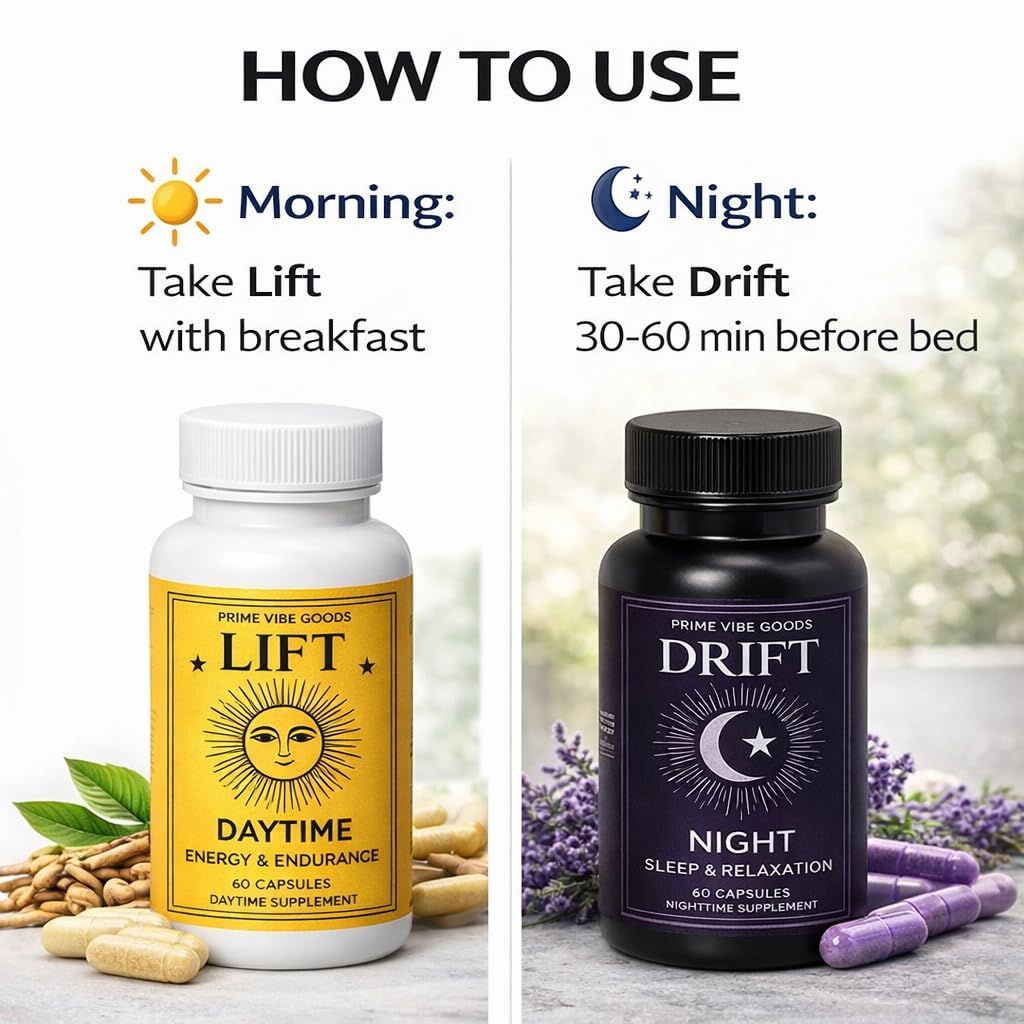 Prime Vibe Goods Lift & Drift – Energy & Stress Support Supplement – Adaptogens for Focus, Relaxation & Sleep – Ashwagandha, Magnesium, Rhodiola, GABA, Maca – Vegan (2-Pack, 120 Capsules) - TrustMedUSA