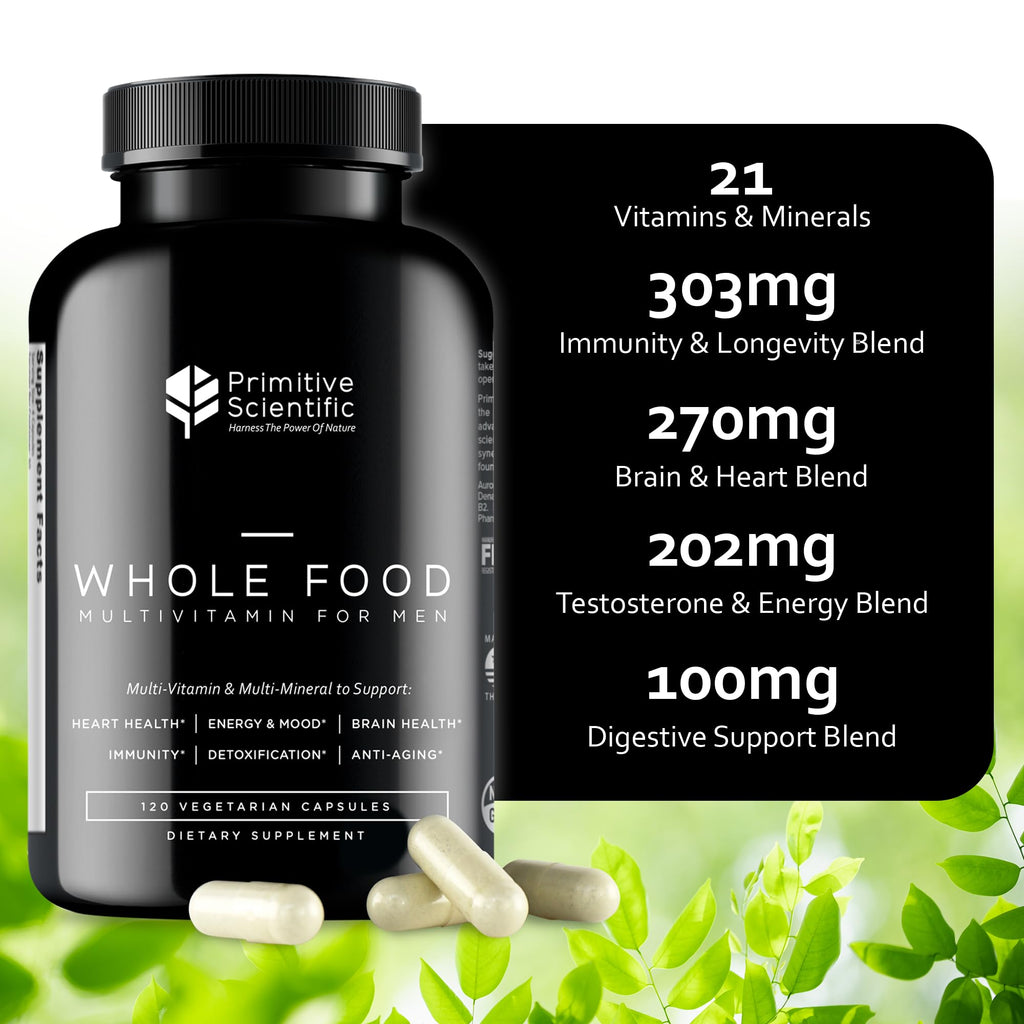 Primitive Scientific Whole Food Natural Multivitamin and Mineral Capsules for Men - All-Day Energy, Inner Zen, and Stronger You (120 Capsules) - TrustMedUSA