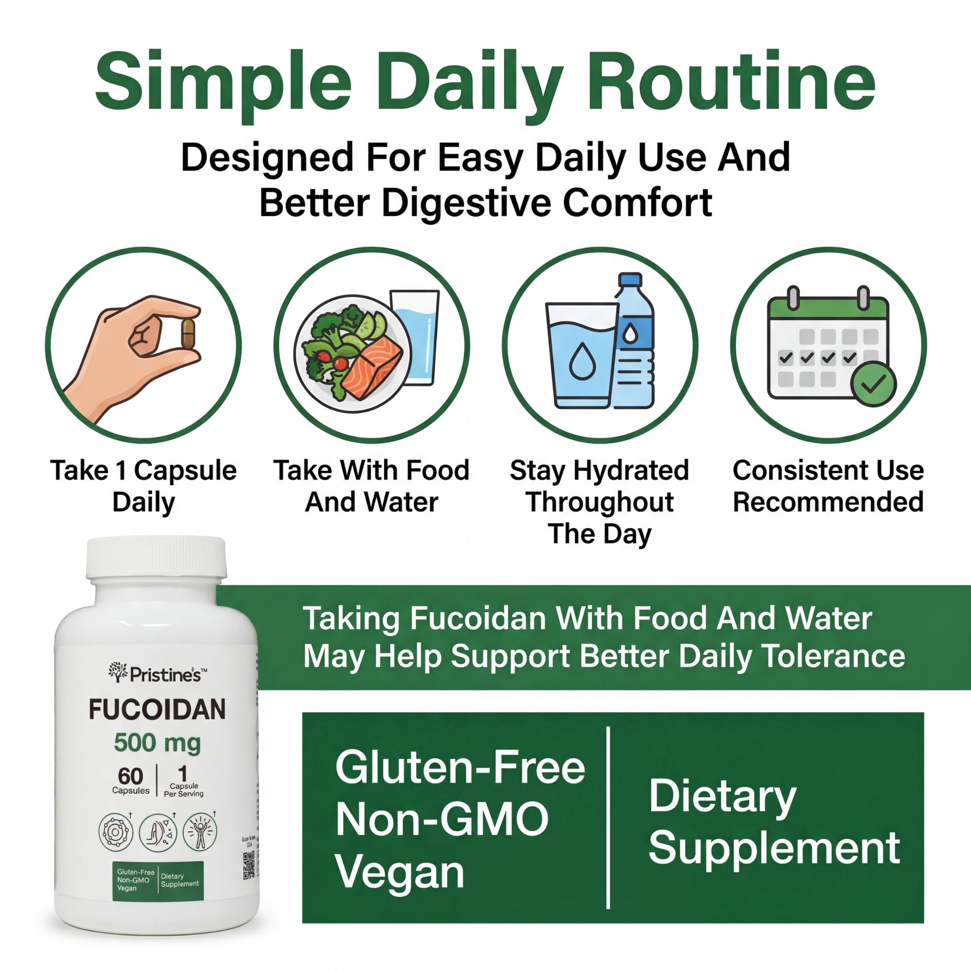 PRISTINE'S Fucoidan 500MG Immunity Supplement Capsules - 60 Day Supply - Brown Seaweed Extract - Potent Herbal Antioxidant Lung Health & Skin Health Support - TrustMedUSA