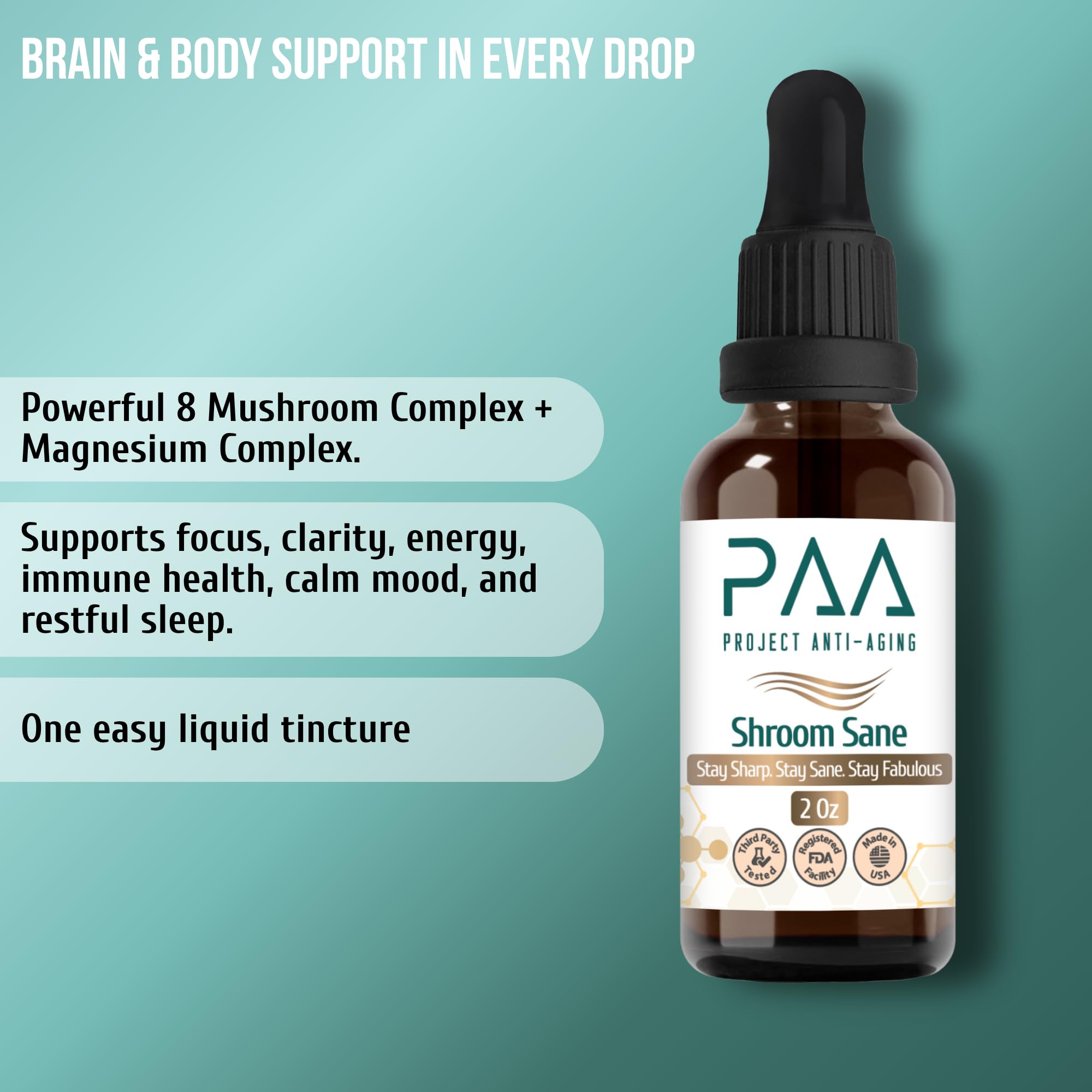 Project Anti-Aging Shroom Sane Liquid Drops with Lion’s Mane Mushroom Supplement Drops – 8 Mushroom Complex Tincture with Reishi, Cordyceps, Turkey Tail & Magnesium – USDA Organic, Vegan, - TrustMedUSA