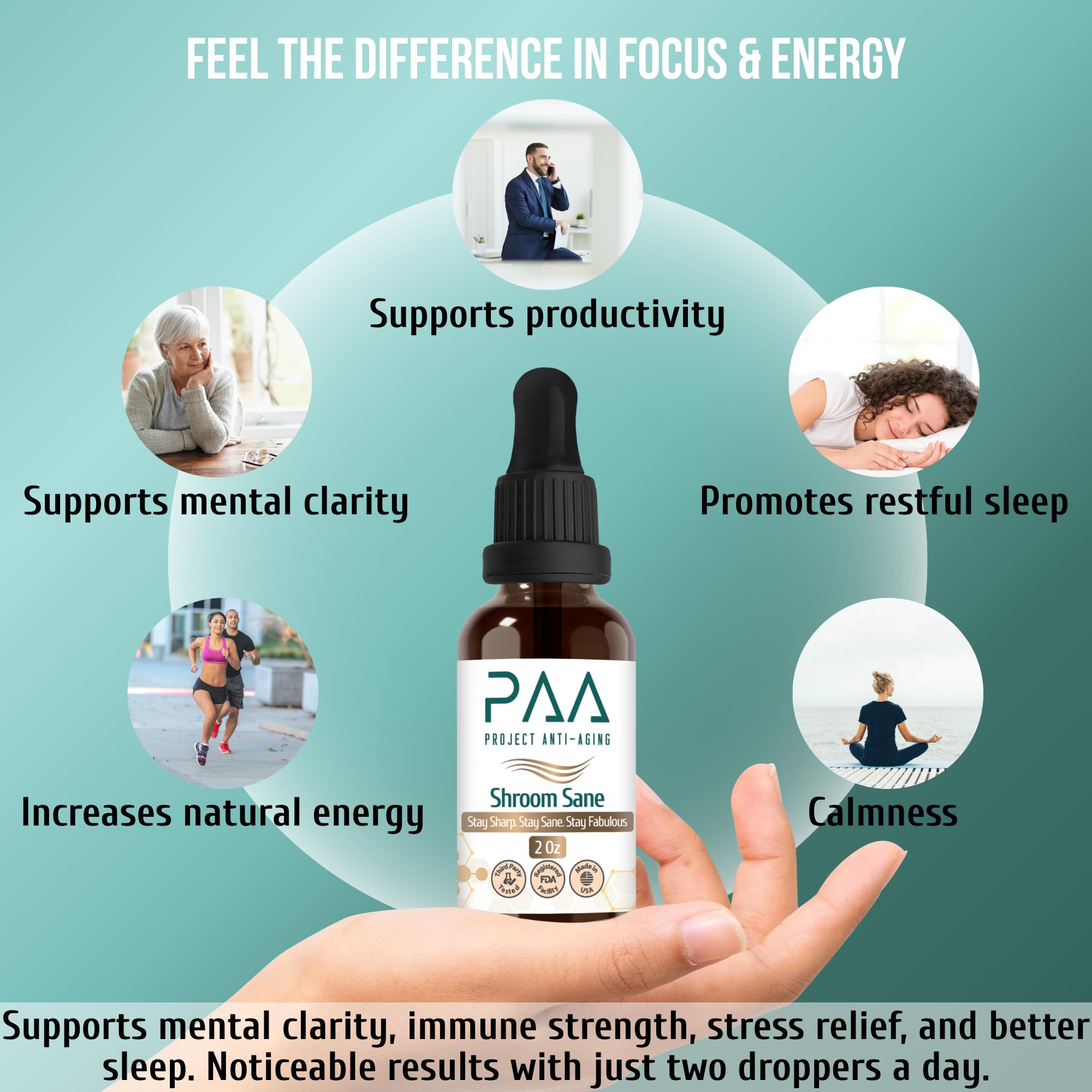 Project Anti-Aging Shroom Sane Liquid Drops with Lion’s Mane Mushroom Supplement Drops – 8 Mushroom Complex Tincture with Reishi, Cordyceps, Turkey Tail & Magnesium – USDA Organic, Vegan, - TrustMedUSA