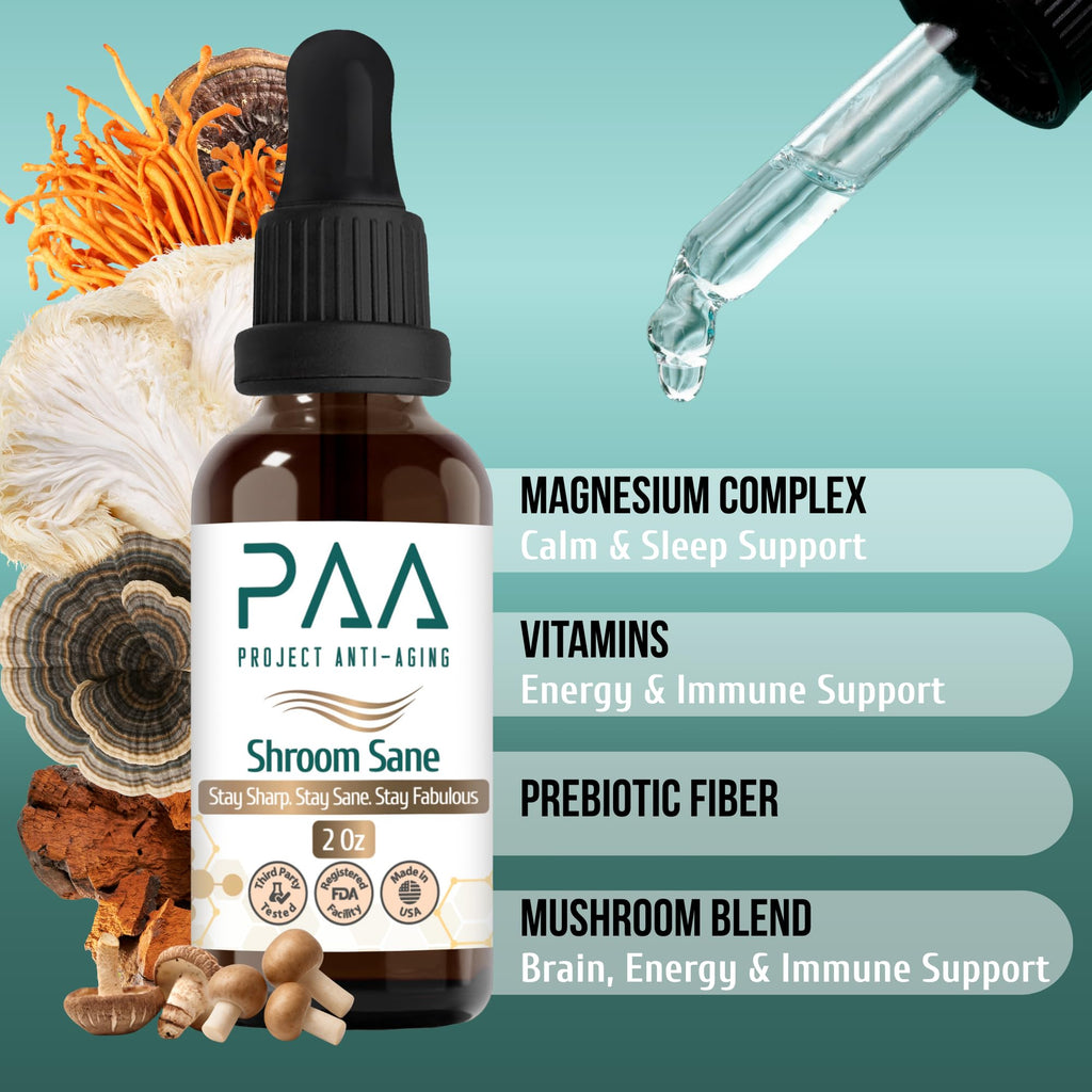 Project Anti-Aging Shroom Sane Liquid Drops with Lion’s Mane Mushroom Supplement Drops – 8 Mushroom Complex Tincture with Reishi, Cordyceps, Turkey Tail & Magnesium – USDA Organic, Vegan, - TrustMedUSA