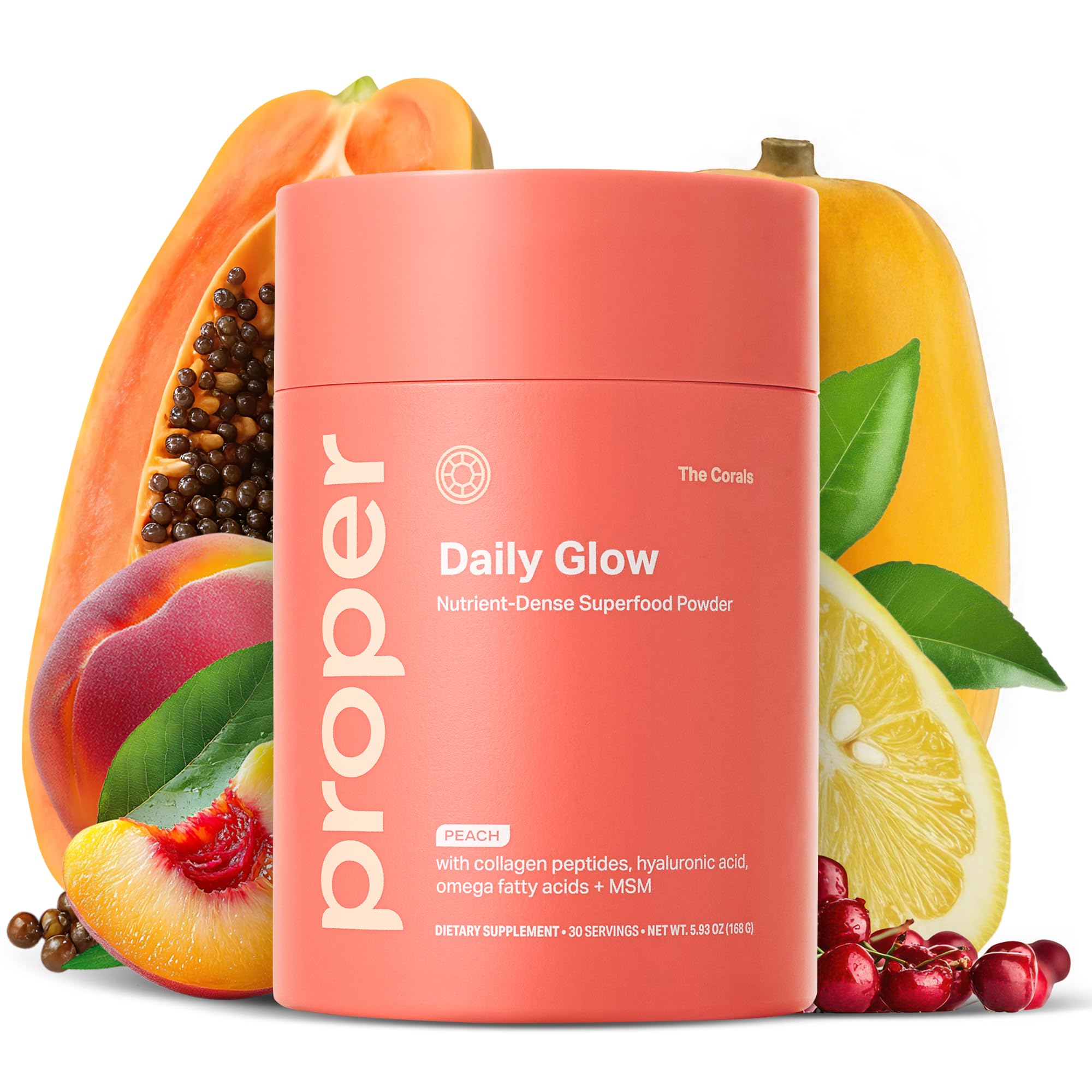 Proper, The Corals Daily Glow Beauty Blend - Nutrient Dense Superfood Powder with Collagen Peptides, Hyaluronic Acid Powder, Vitamin C, and MSM. Hair, Skin, Nail Vitamin Supplement for Women & Men - TrustMedUSA