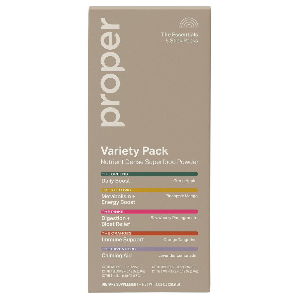 Proper The Essentials Super Foods Powder 5-Stick Variety Pack - Super Greens, Gut Health, Metabolism & Energy, Calm Magnesium Powder & Immune Support Supplement Packs - TrustMedUSA