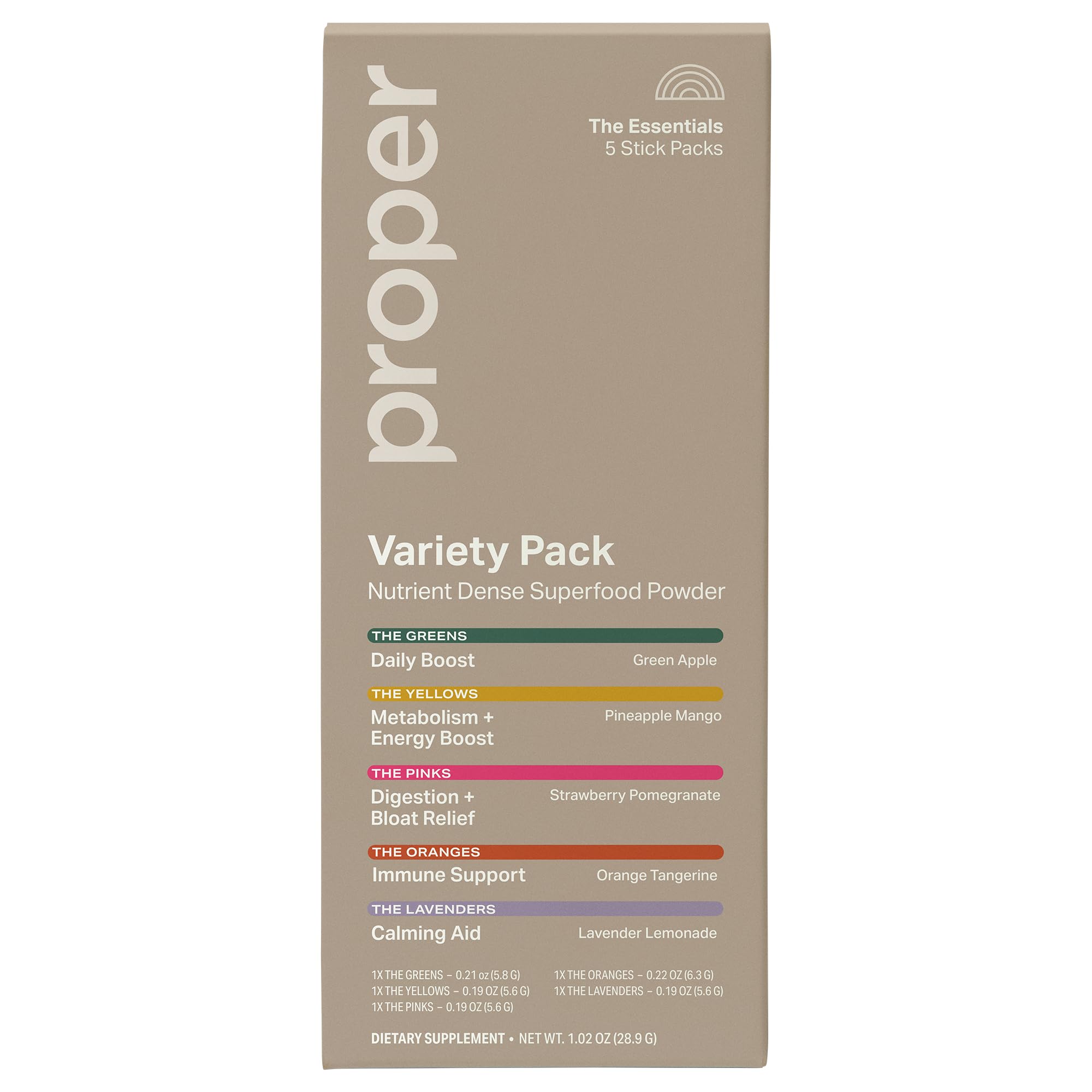 Proper The Essentials Super Foods Powder 5-Stick Variety Pack - Super Greens, Gut Health, Metabolism & Energy, Calm Magnesium Powder & Immune Support Supplement Packs - TrustMedUSA