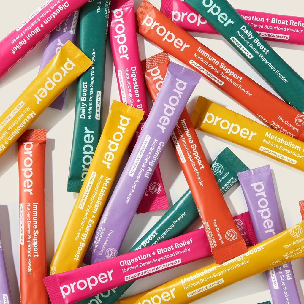 Proper The Essentials Super Foods Powder 5-Stick Variety Pack - Super Greens, Gut Health, Metabolism & Energy, Calm Magnesium Powder & Immune Support Supplement Packs - TrustMedUSA