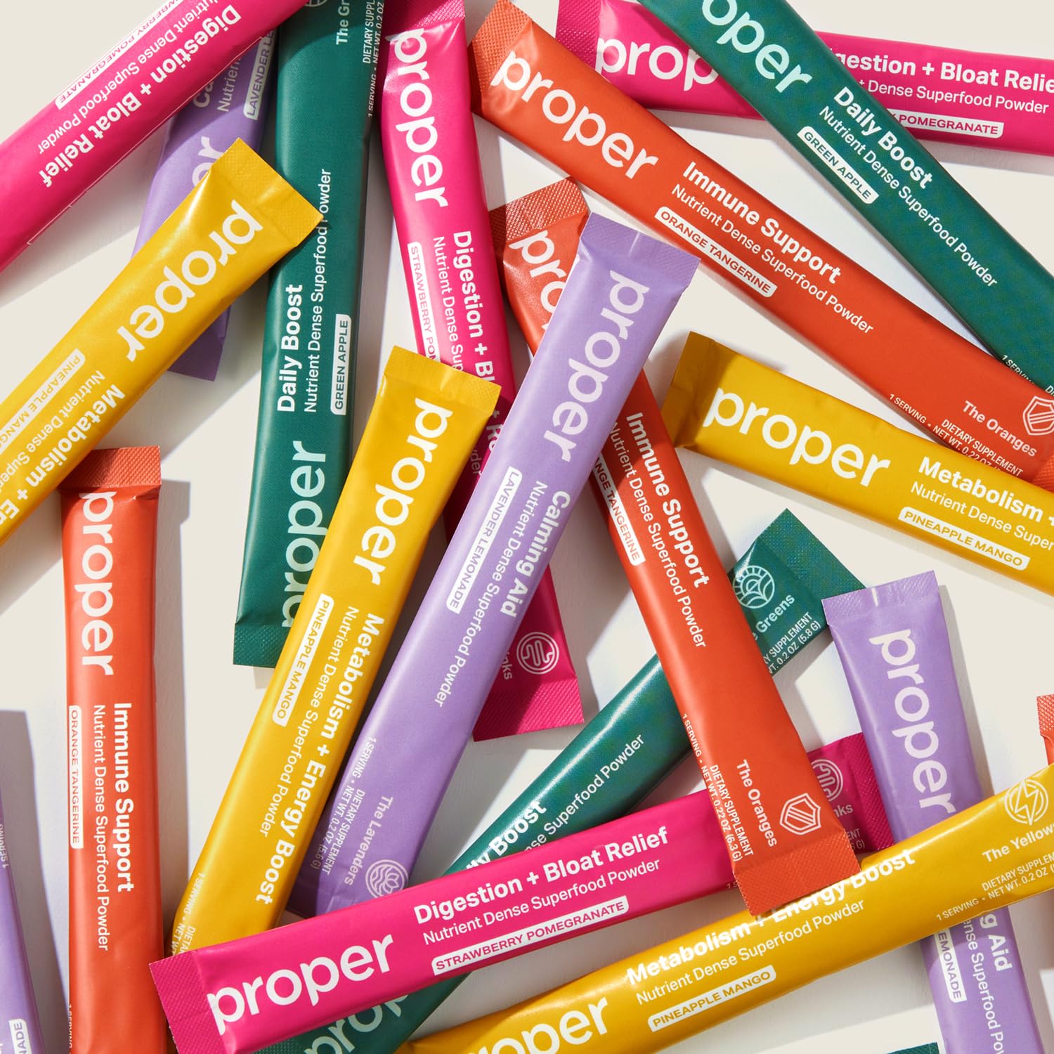 Proper The Essentials Super Foods Powder 5-Stick Variety Pack - Super Greens, Gut Health, Metabolism & Energy, Calm Magnesium Powder & Immune Support Supplement Packs - TrustMedUSA