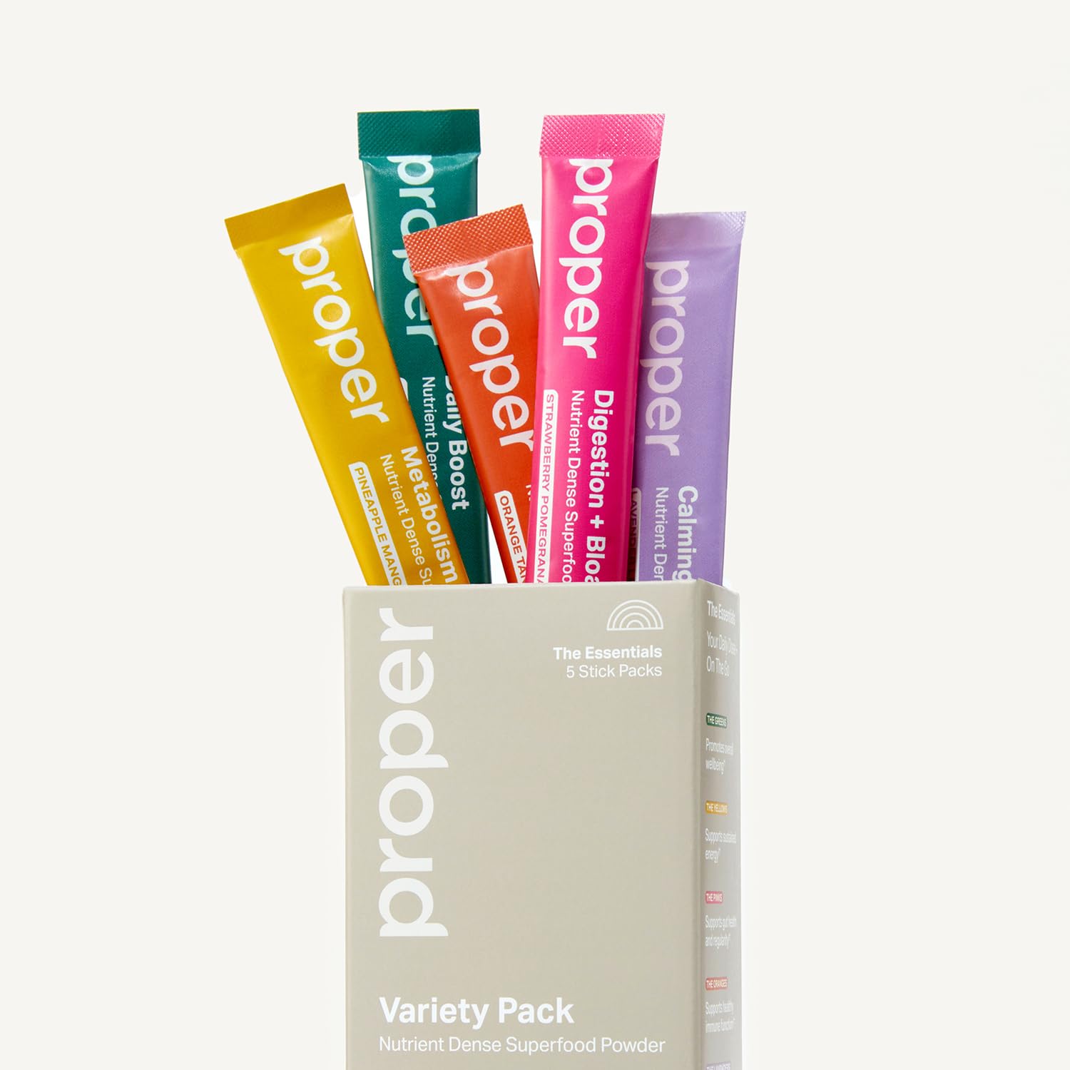 Proper The Essentials Super Foods Powder 5-Stick Variety Pack - Super Greens, Gut Health, Metabolism & Energy, Calm Magnesium Powder & Immune Support Supplement Packs - TrustMedUSA