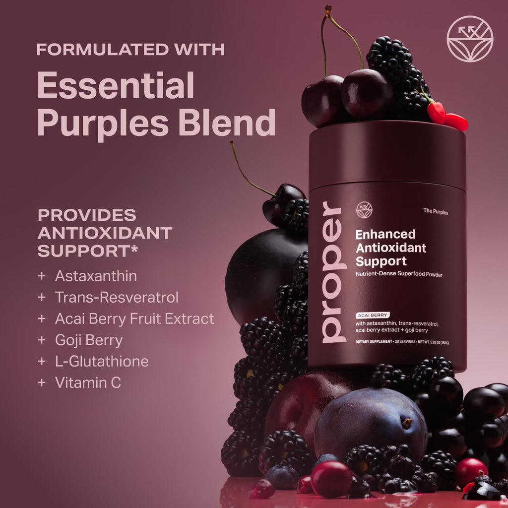 Proper, The Purples Nutrient-Dense Superfood Powder - Antioxidant Supplement and Cellular Support – Acai, Amla, Blueberry, Vitamin C, B Vitamins & More - Enhanced with Prebiotic Fiber & Probiotics - TrustMedUSA