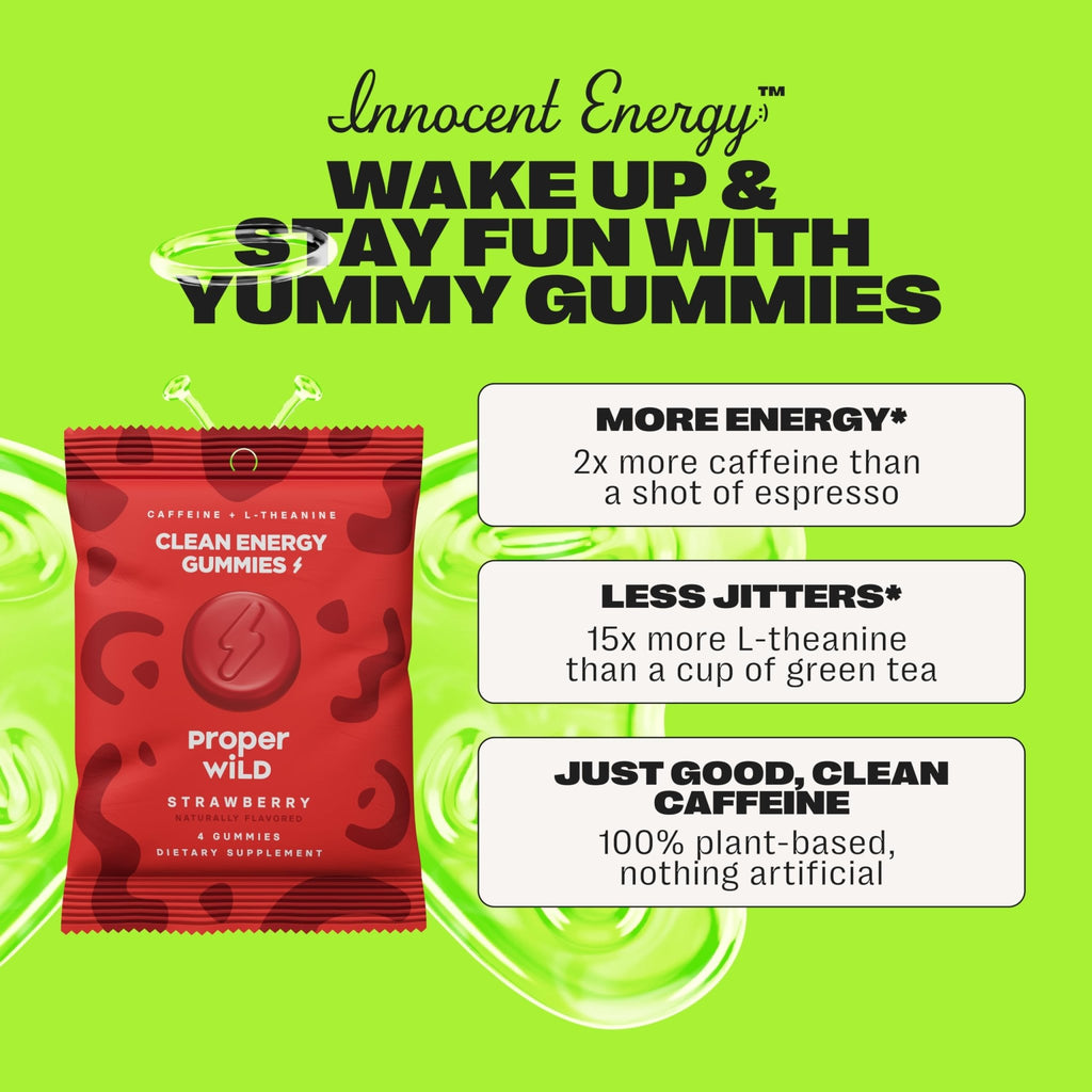 Proper Wild Energy Chews & Gummies for Focus & Clean Energy, Vegan with L-Theanine & Organic Caffeine, Plant-Based, Gluten-Free, Non-GMO, Strawberry (10-Pack) - TrustMedUSA