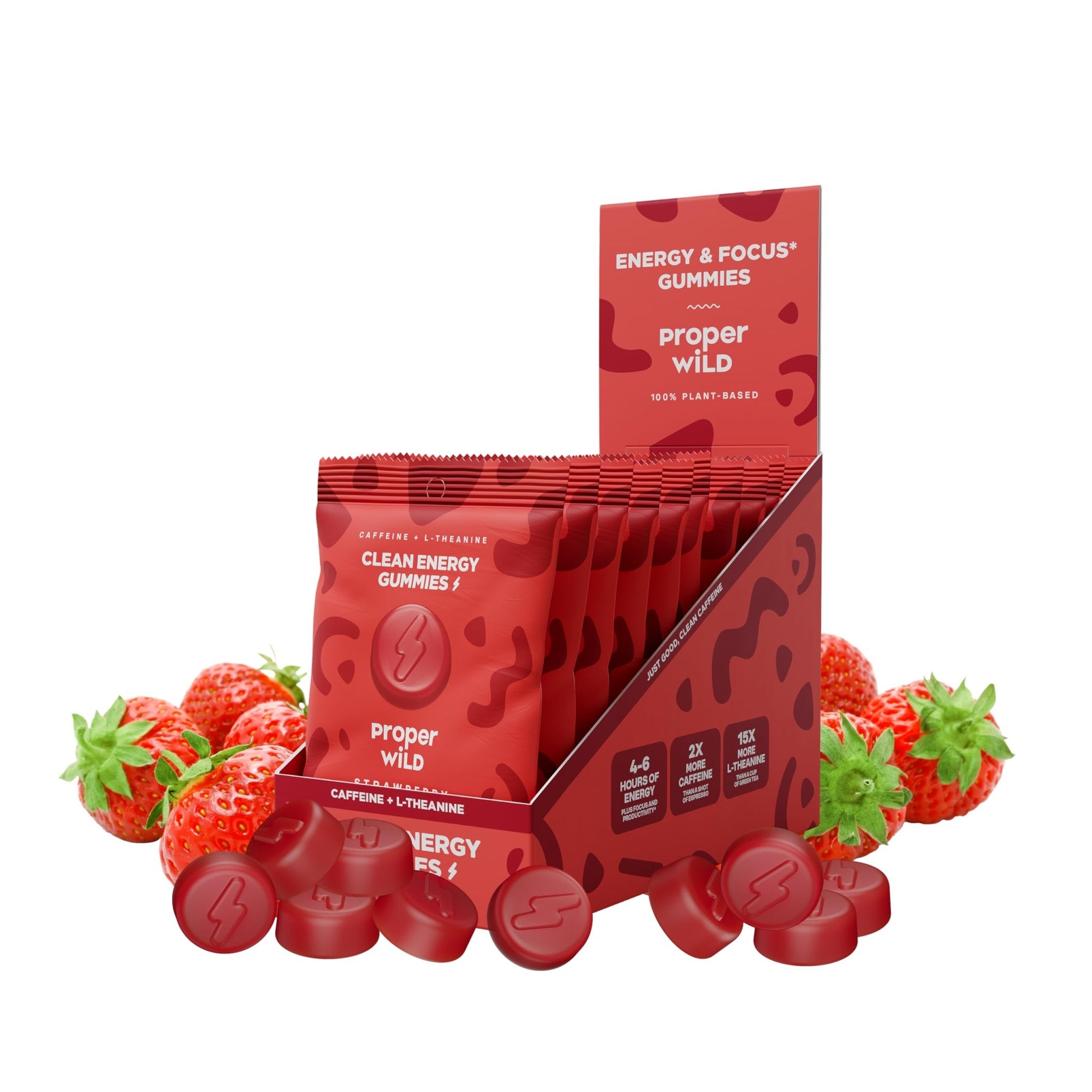 Proper Wild Energy Chews & Gummies for Focus & Clean Energy, Vegan with L-Theanine & Organic Caffeine, Plant-Based, Gluten-Free, Non-GMO, Strawberry (10-Pack) - TrustMedUSA
