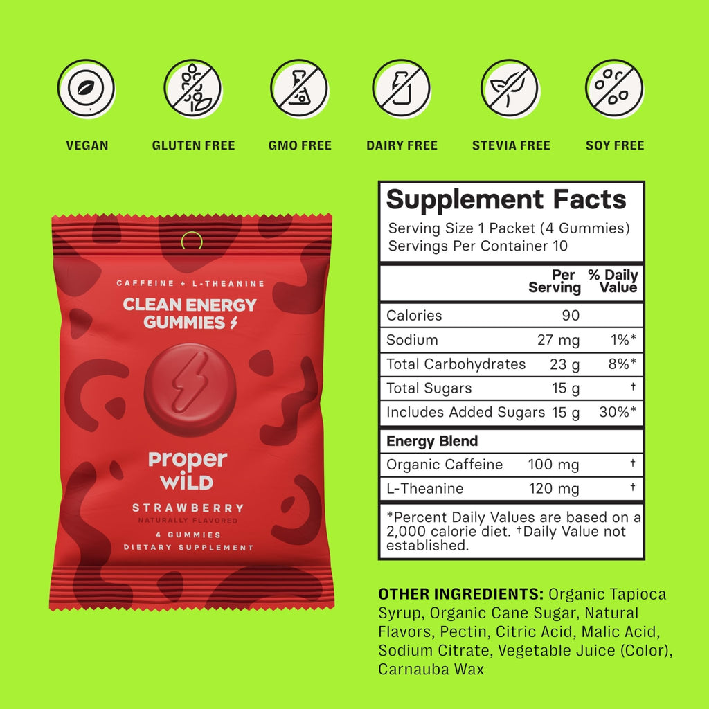 Proper Wild Energy Chews & Gummies for Focus & Clean Energy, Vegan with L-Theanine & Organic Caffeine, Plant-Based, Gluten-Free, Non-GMO, Strawberry (10-Pack) - TrustMedUSA