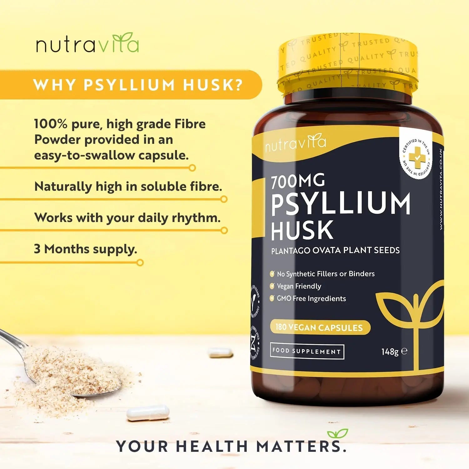 Psyllium Husks Fibre Supplement – 1400mg per Serving – Naturally High in Soluble Fibre - TrustMedUSA