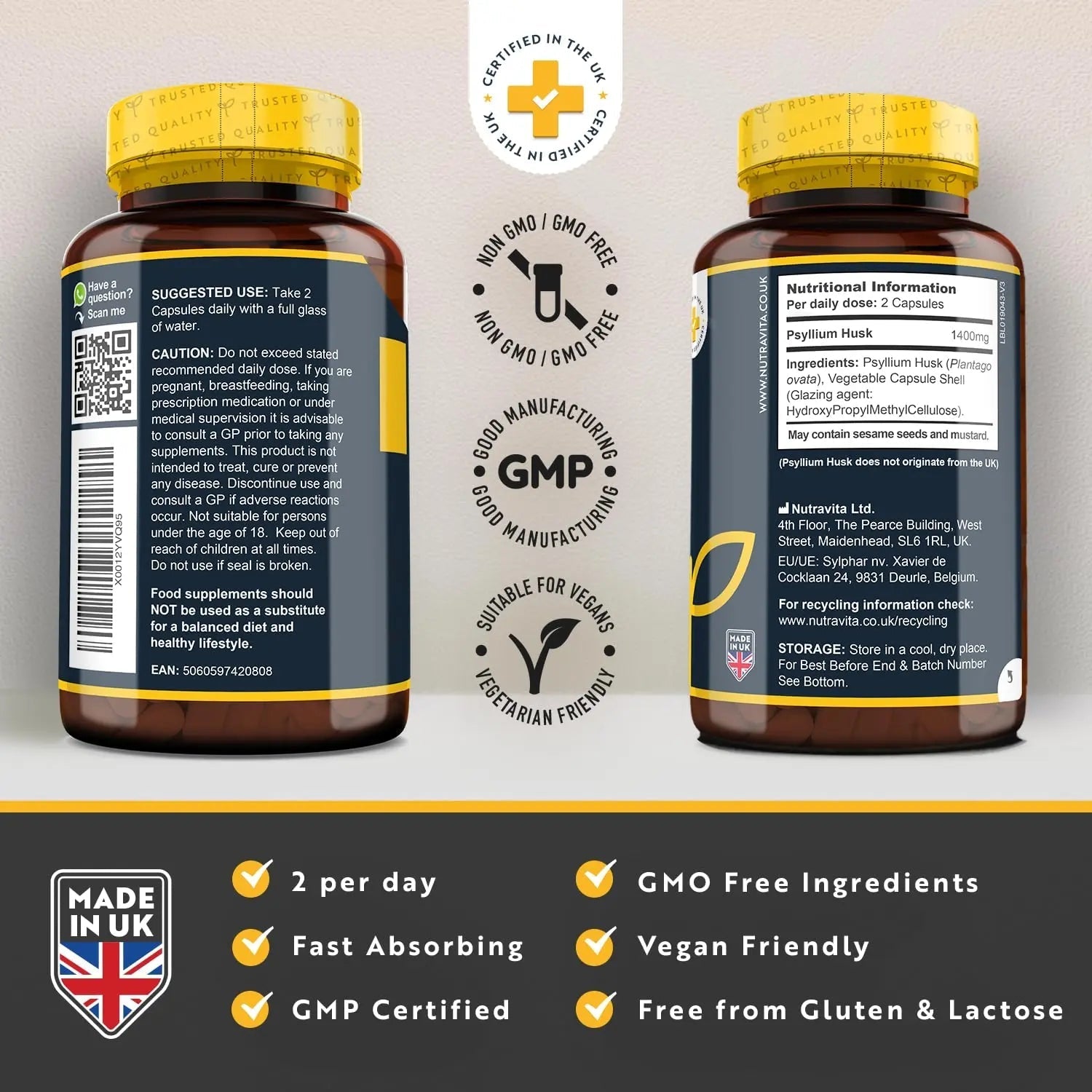 Psyllium Husks Fibre Supplement – 1400mg per Serving – Naturally High in Soluble Fibre - TrustMedUSA